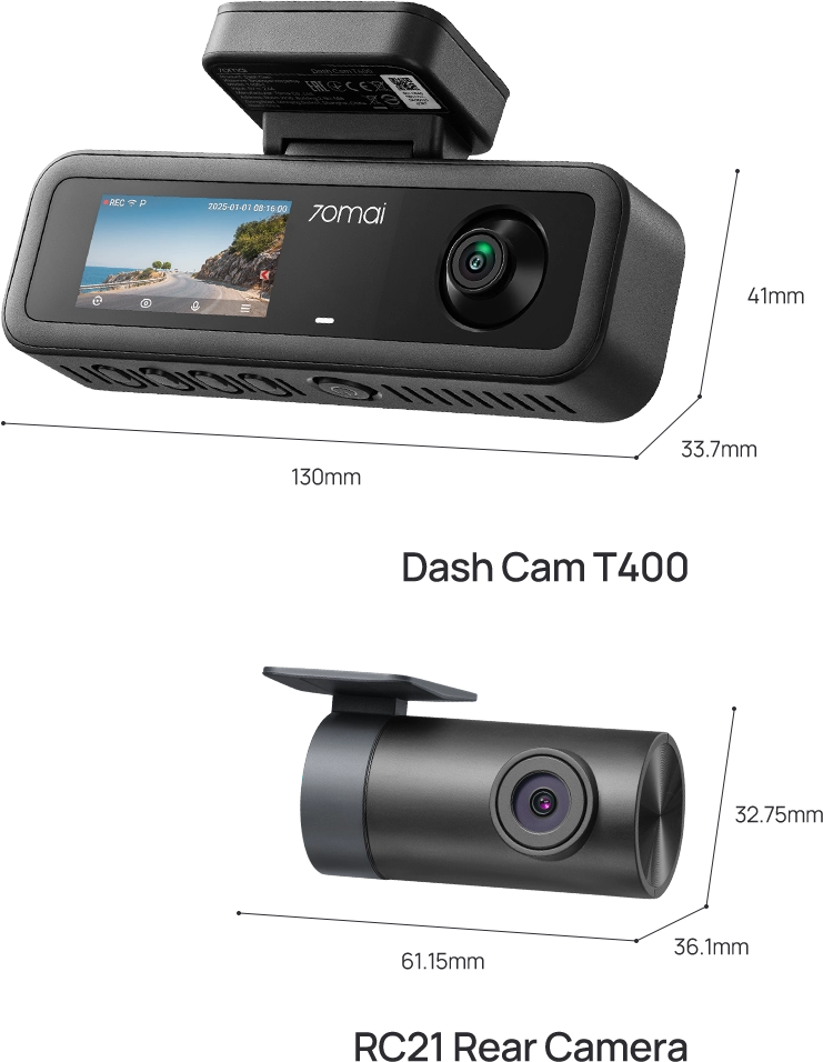 70mai Dash Cam T400 képernyővel és RC21 hátsó kamera méretekkel.