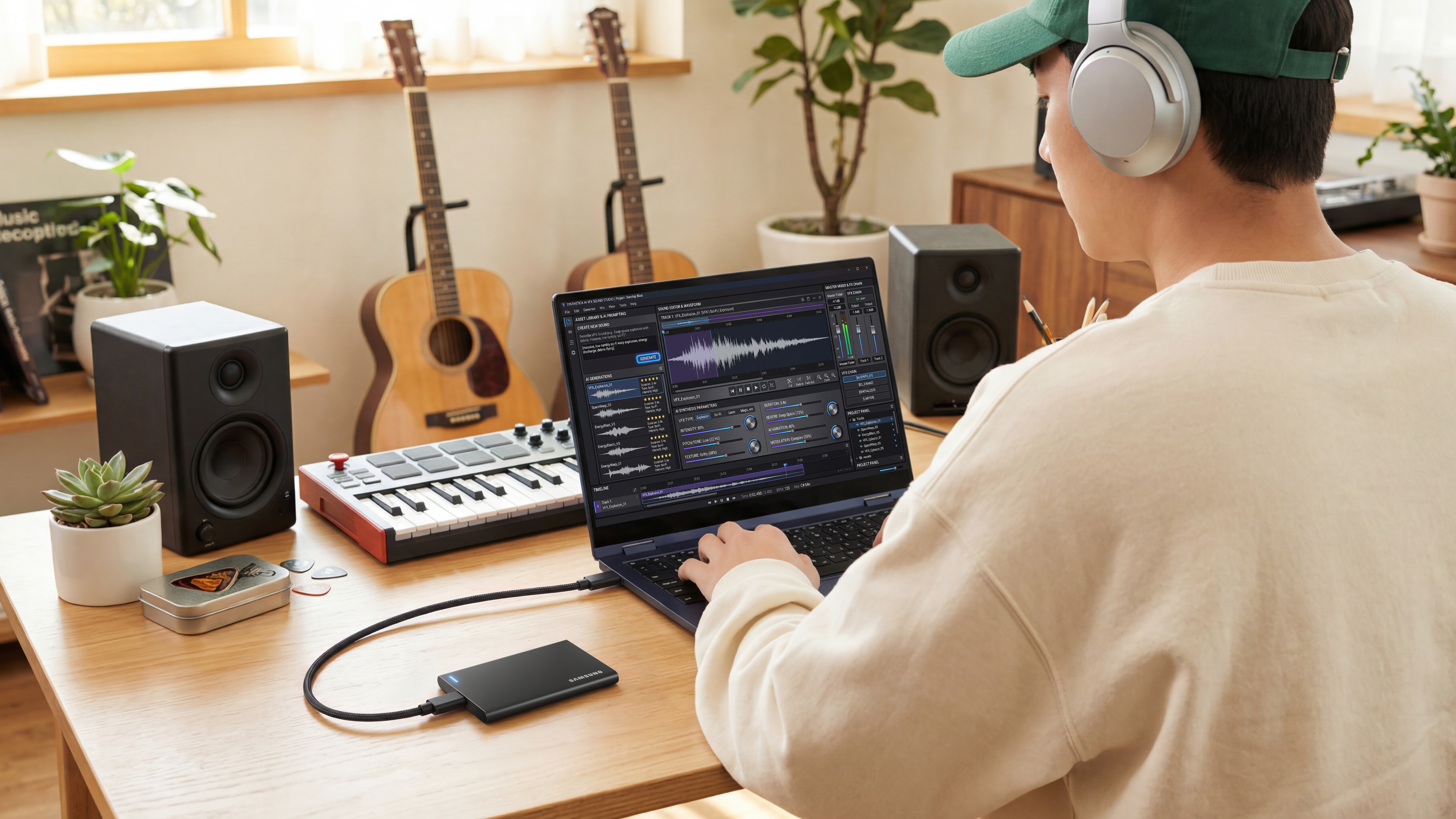Ein Mann mit Kopfhörern editiert Musik an einem Laptop in einem Raum mit Gitarren und Studiomonitoren.