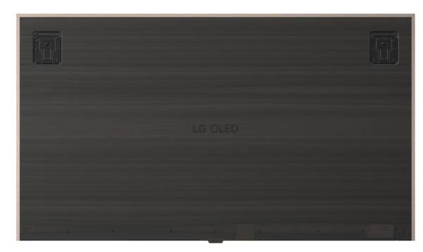 Tył czarnego telewizora LG OLED z uchwytami ściennymi i logo marki na środku.