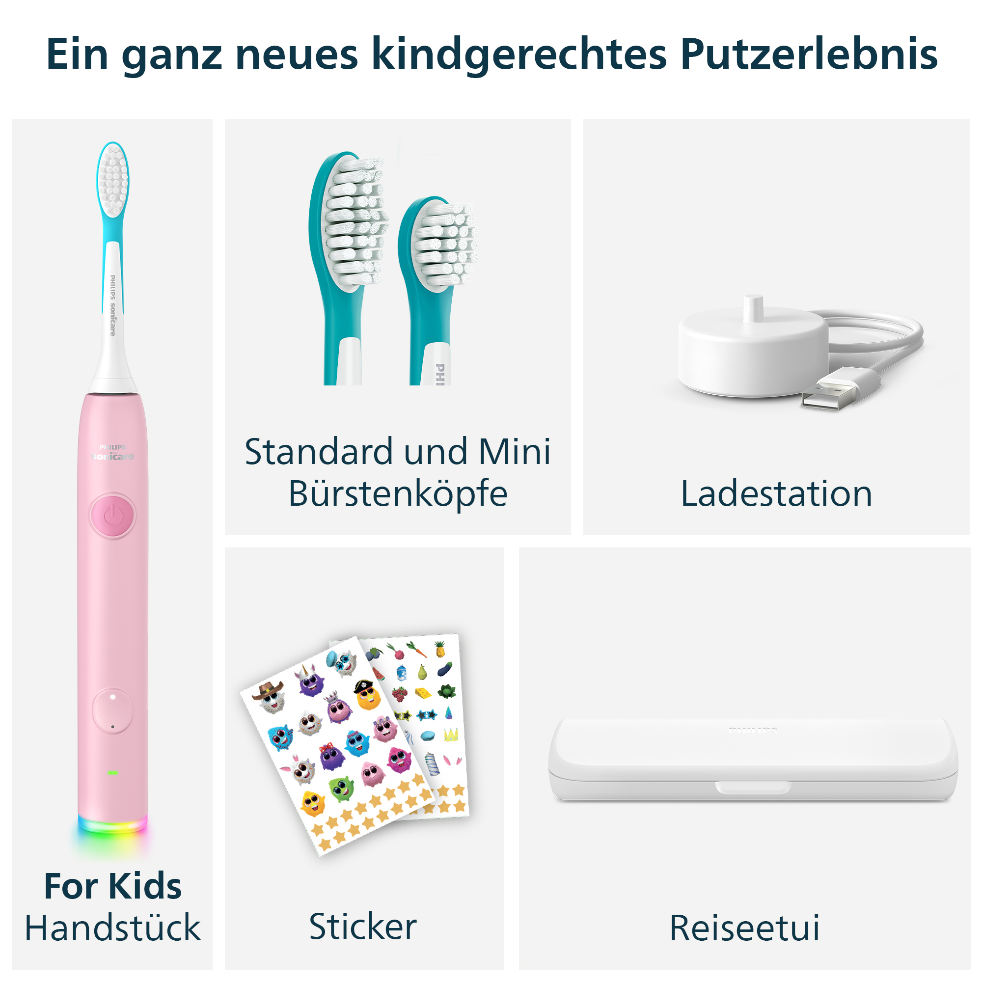 Spazzolino rosa Philips Sonicare per bambini con testine, base di ricarica, adesivi e custodia.