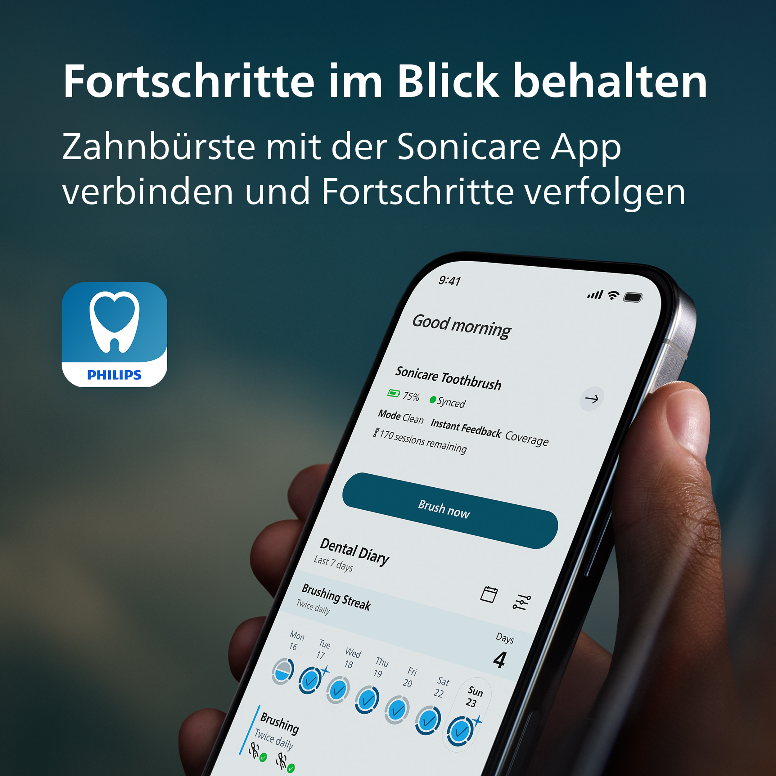 Un smartphone affiche l'application Philips Sonicare pour suivre le brossage.