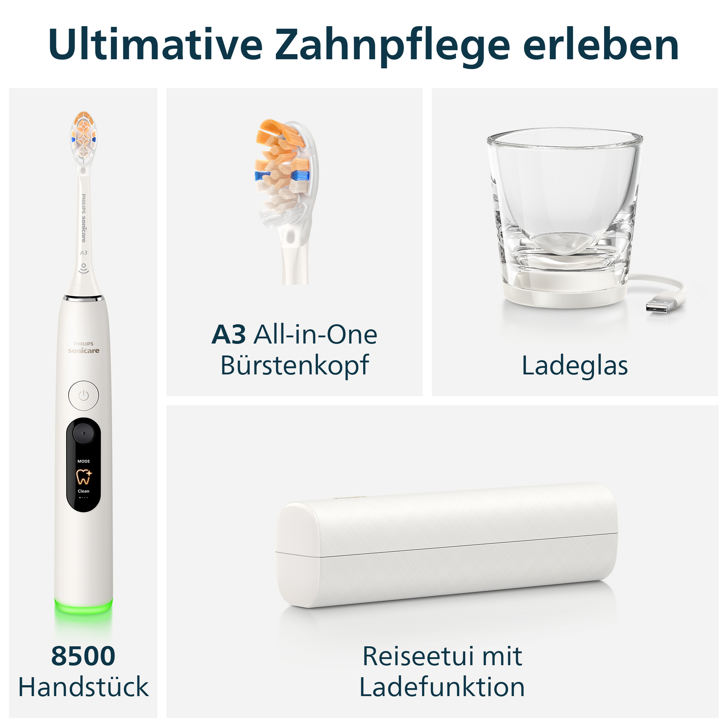 Ensemble de brosse à dents Philips Sonicare avec manche, tête, verre de charge et étui.