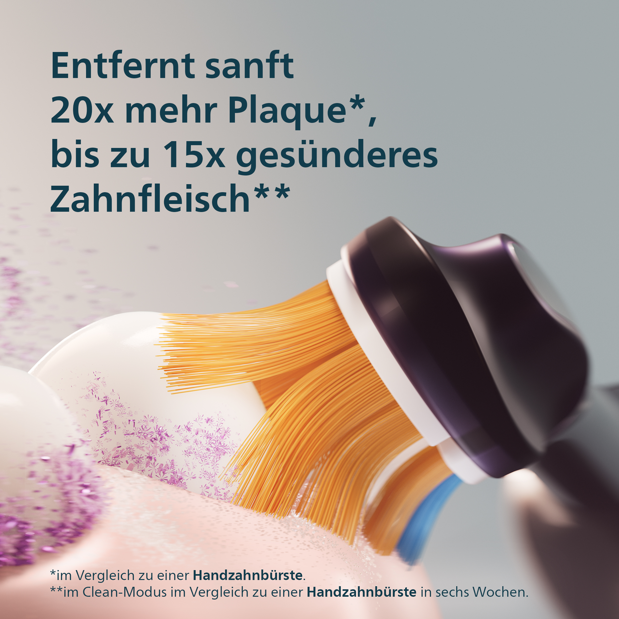 Une brosse à dents électrique élimine la plaque. Texte publicitaire sur l'élimination de la plaque.