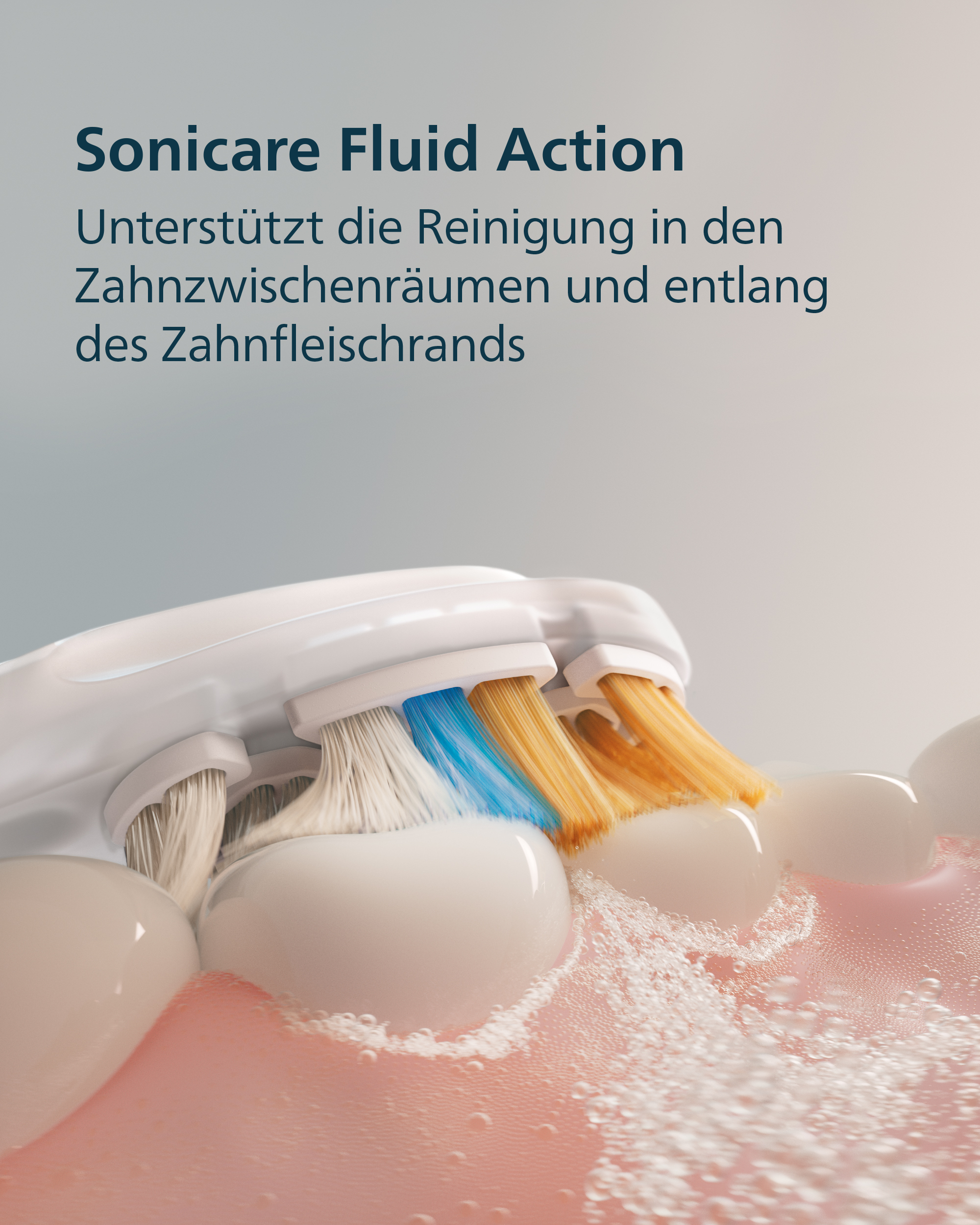 Uno spazzolino elettrico pulisce denti e gengive con azione fluida e schiuma.