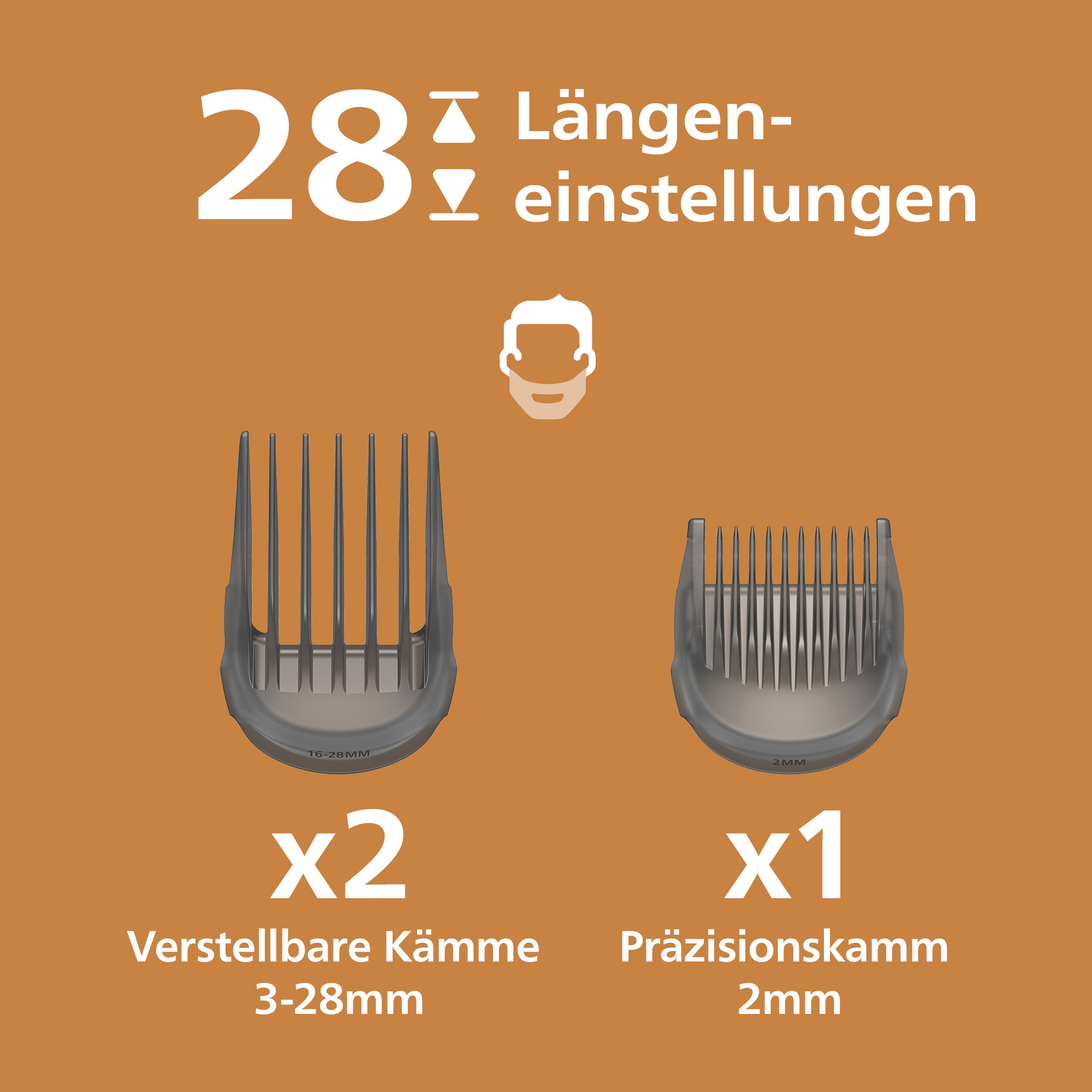28 réglages de longueur avec deux peignes réglables (3-28mm) et un peigne de précision (2mm).