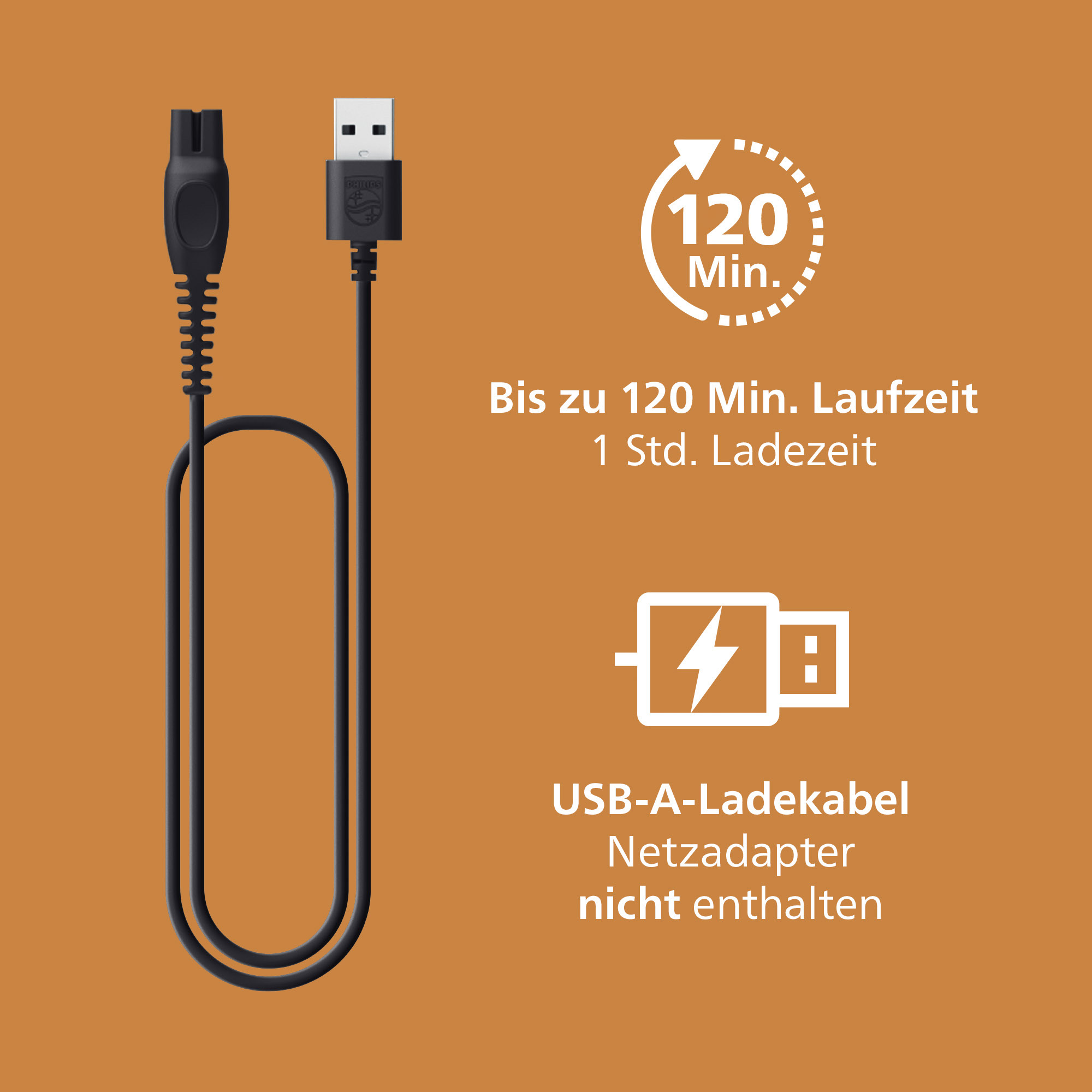 Câble de charge USB-A noir sur fond marron avec texte de temps de charge.