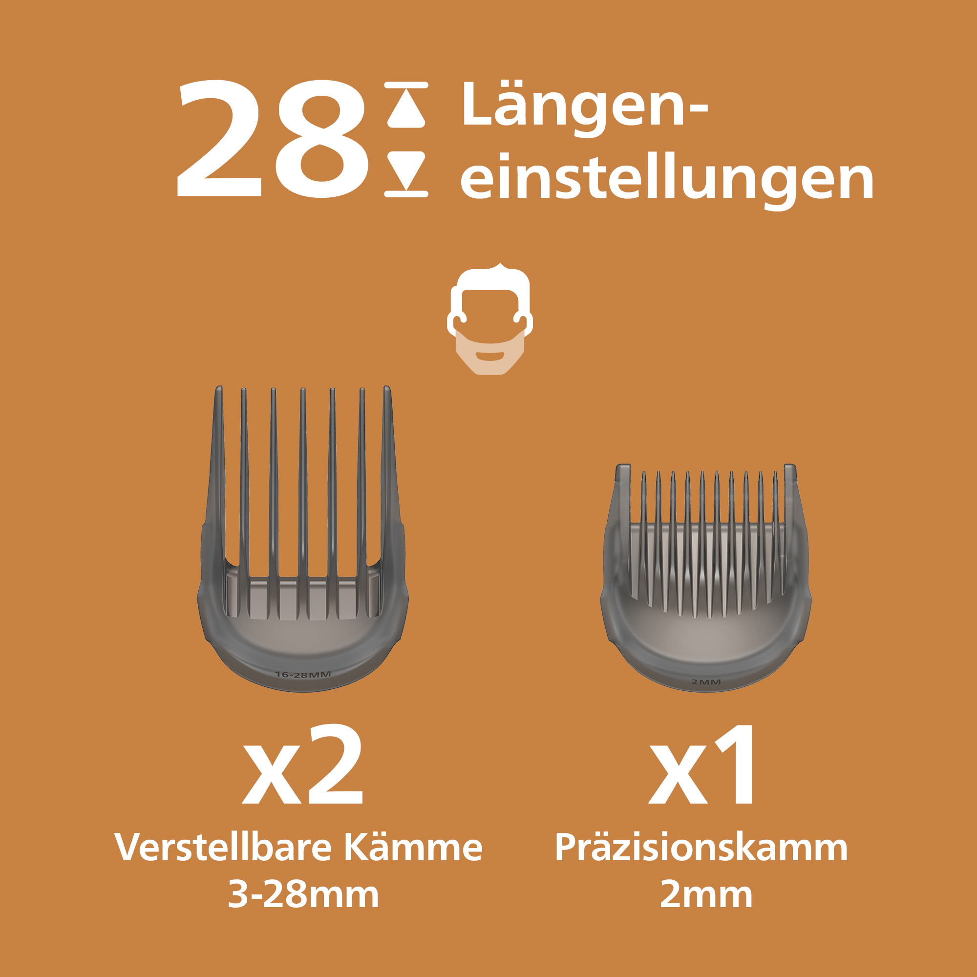 Graphique montrant 28 hauteurs de coupe avec deux peignes réglables 3-28 mm et un peigne de précision 2 mm.