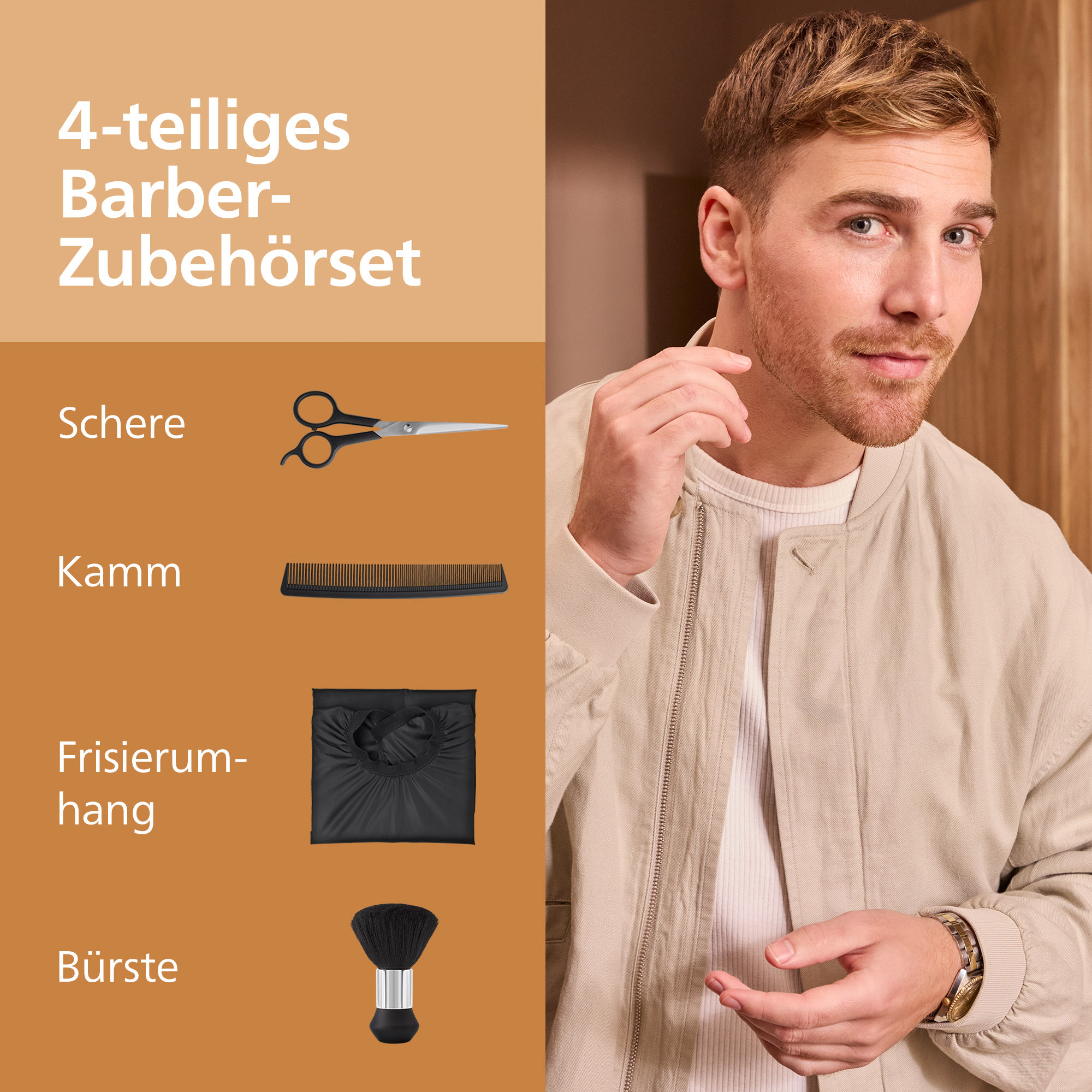 Un homme en veste claire à côté d'un graphique présentant quatre accessoires de barbier : ciseaux, peigne, cape et brosse.