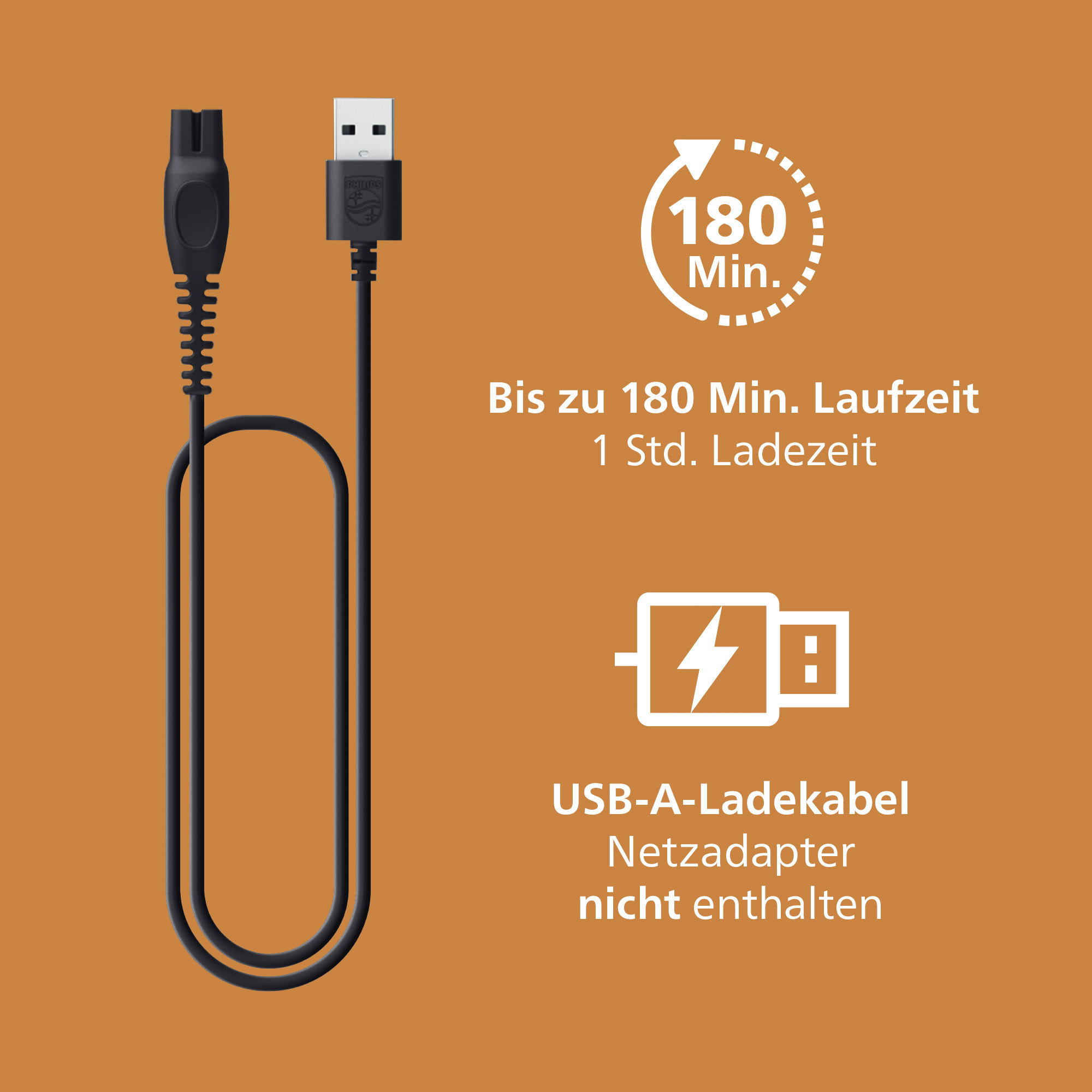 Câble de charge USB-A noir avec 180 min d'autonomie et 1h de charge sur fond marron.