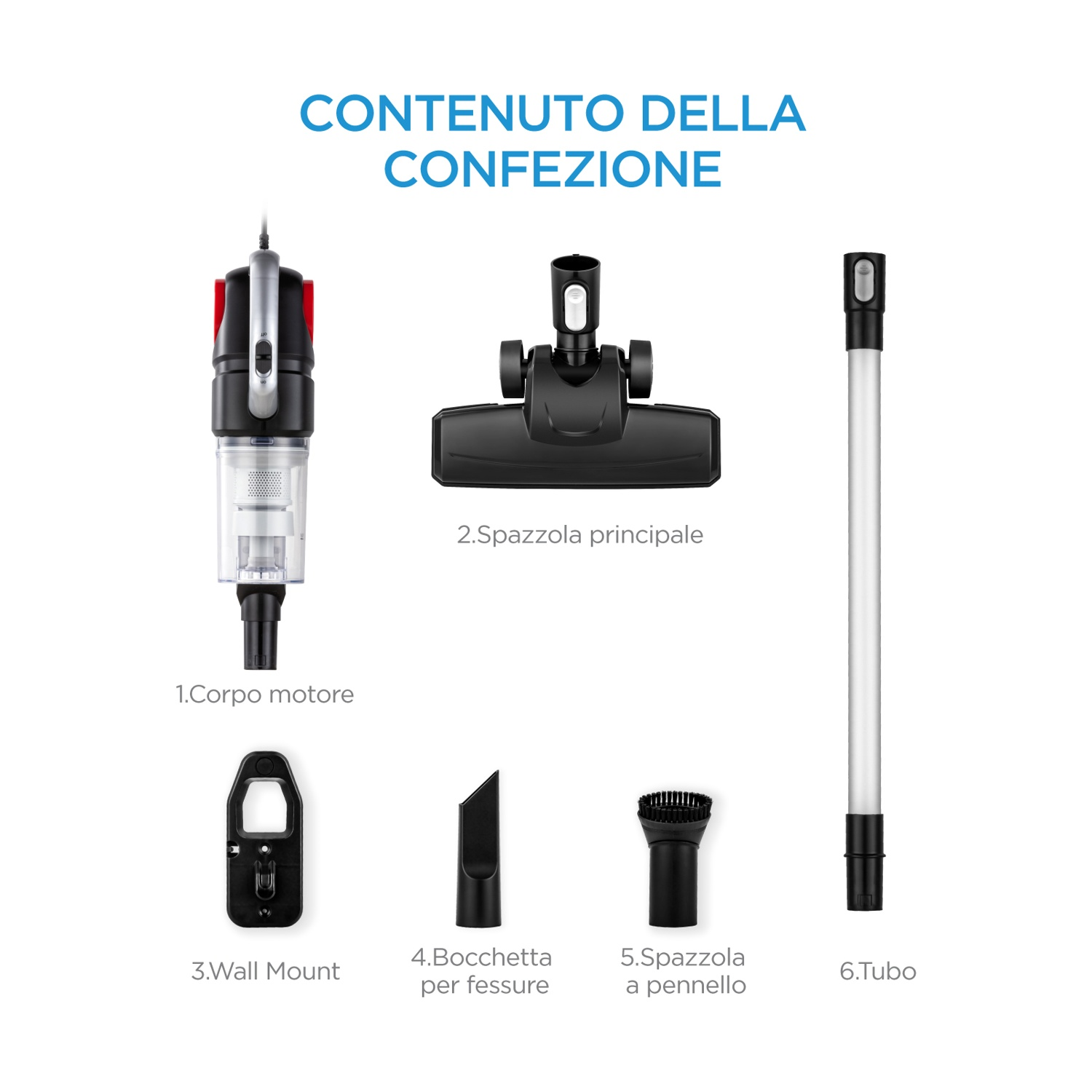 Contenuto della confezione di una scopa elettrica con corpo motore, spazzola, supporto e accessori.