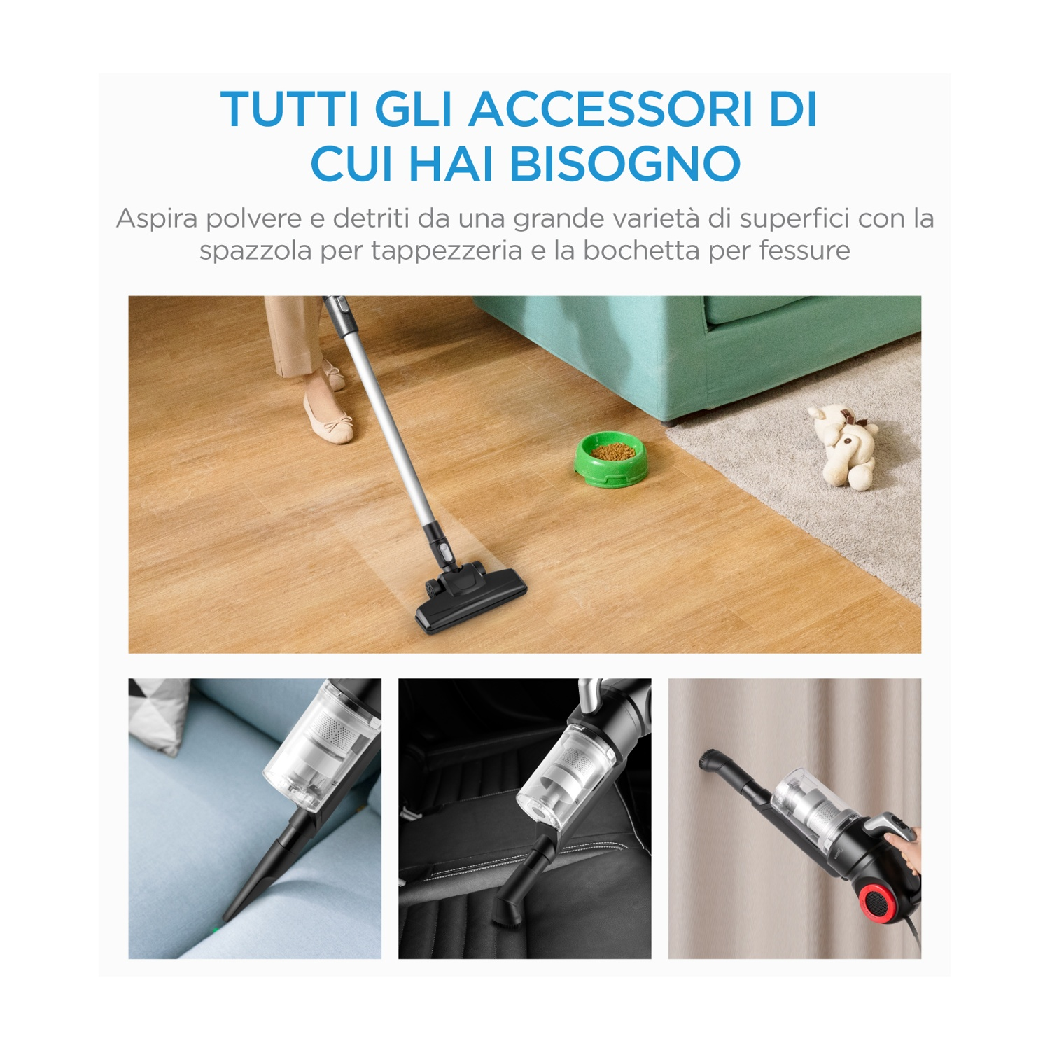 Un aspirapolvere pulisce pavimenti in legno, con dettagli che mostrano la pulizia di divano, seggiolino e tende.