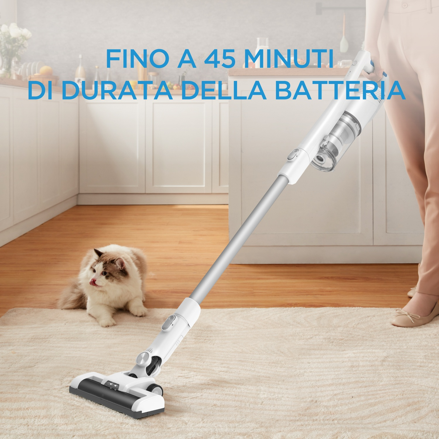 Una persona usa un aspirapolvere bianco su un tappeto in cucina mentre un gatto guarda.