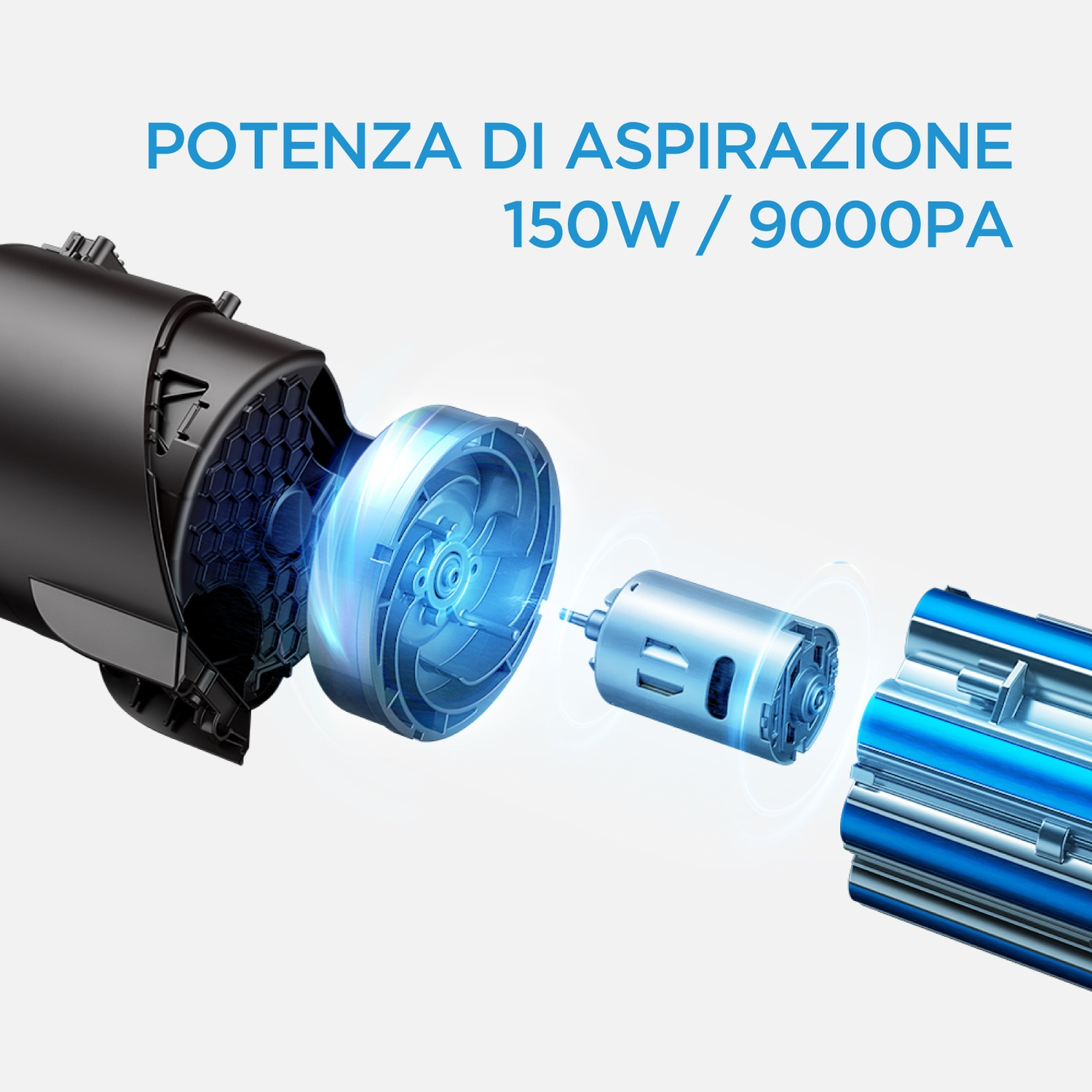 Vista esplosa di un motore per aspirapolvere con potenza di 150W e 9000PA.