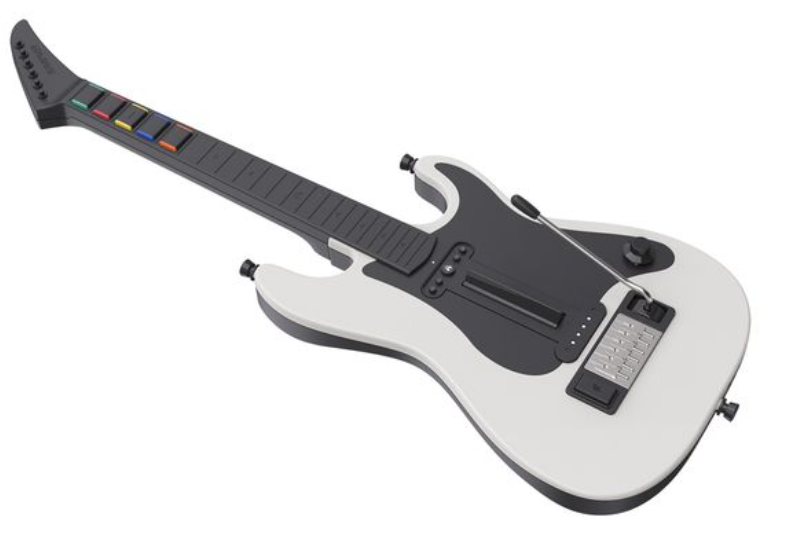 Eine weiße und schwarze Videospiel-Gitarre mit farbigen Tasten und Whammy-Bar auf weißem Hintergrund.