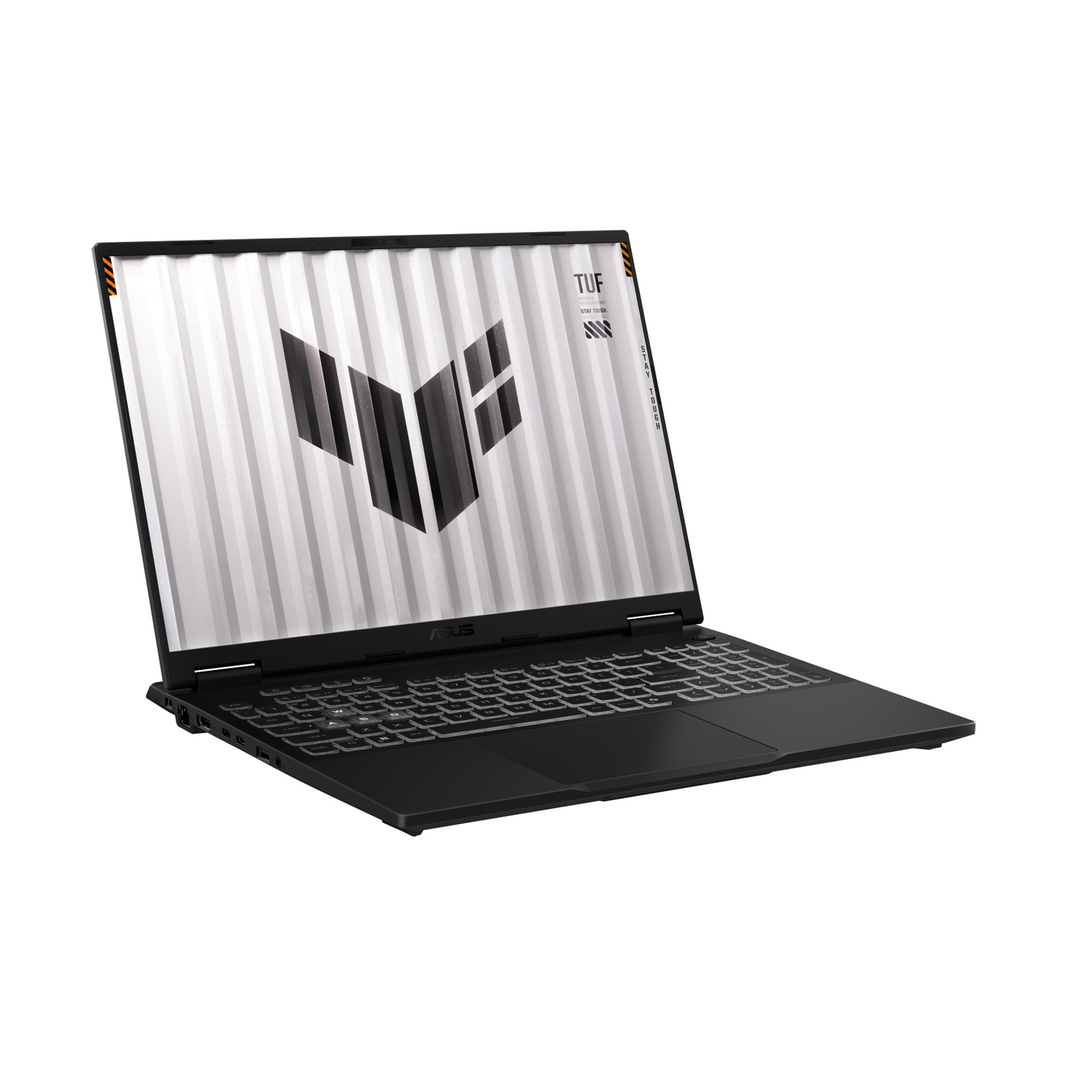 Un computer portatile Asus TUF nero aperto su sfondo bianco, che mostra la tastiera illuminata e lo schermo con logo.