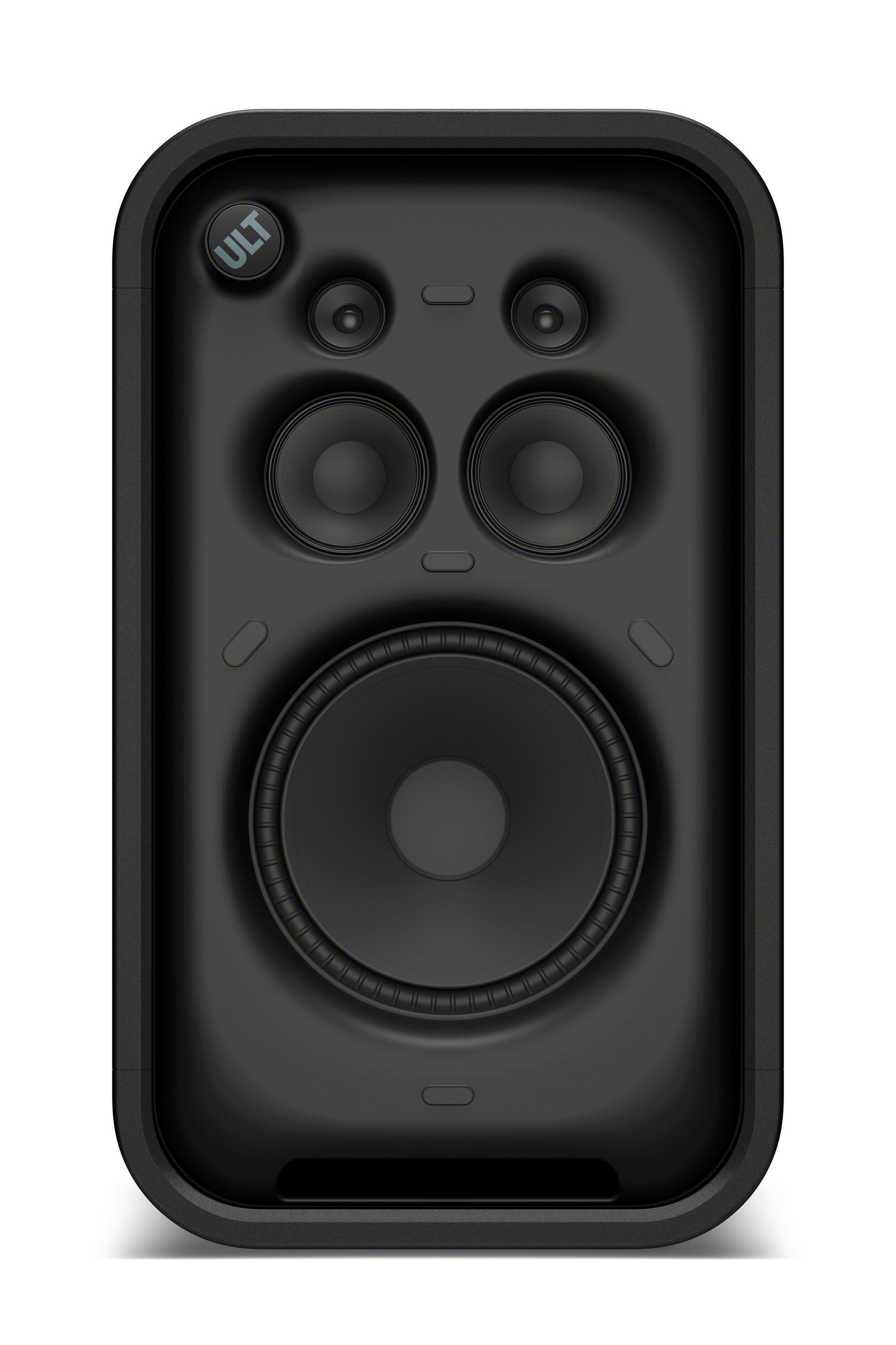 Altavoz de fiesta ULT negro con controladores de altavoz circulares.