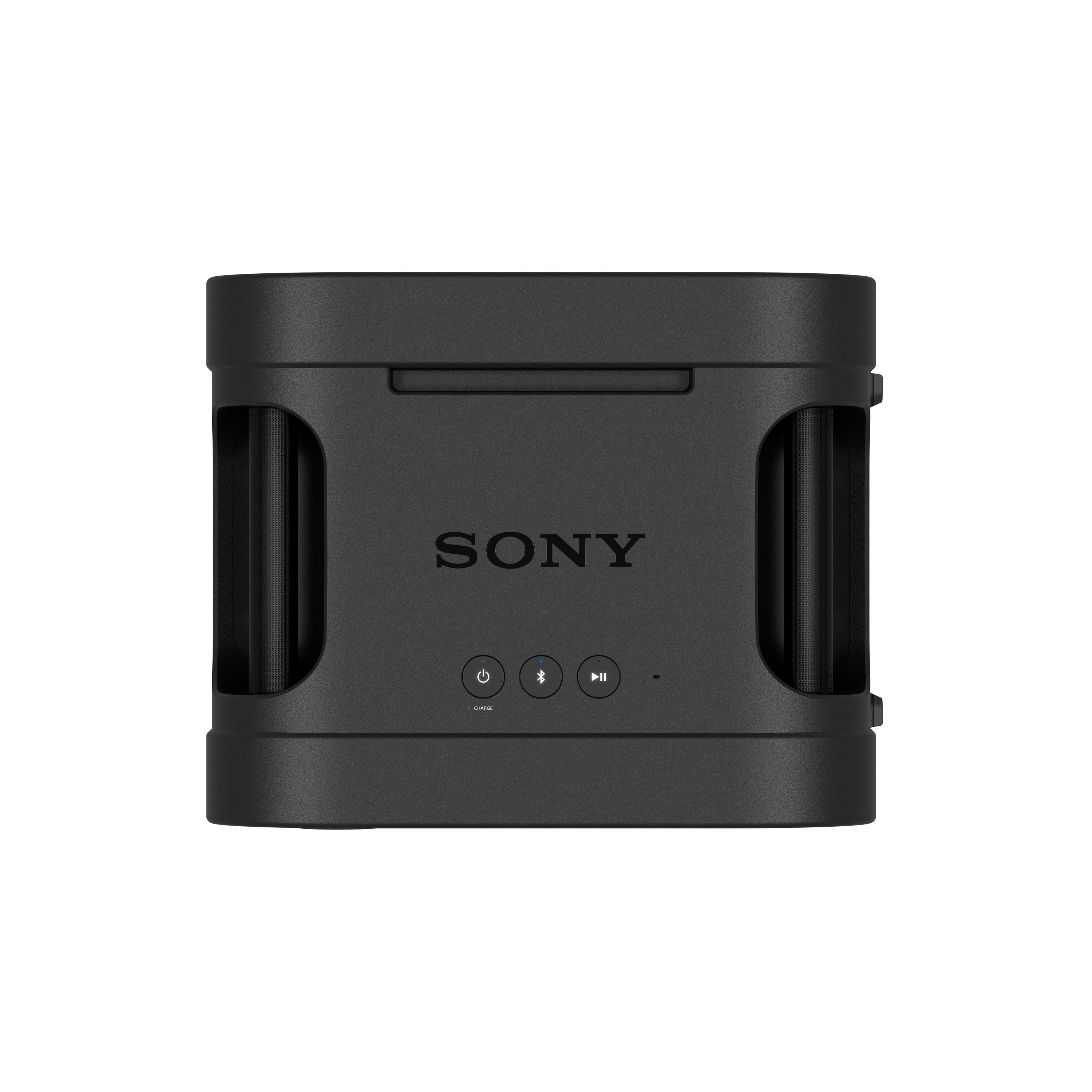 Vista frontal de un altavoz Bluetooth Sony negro con asas laterales.