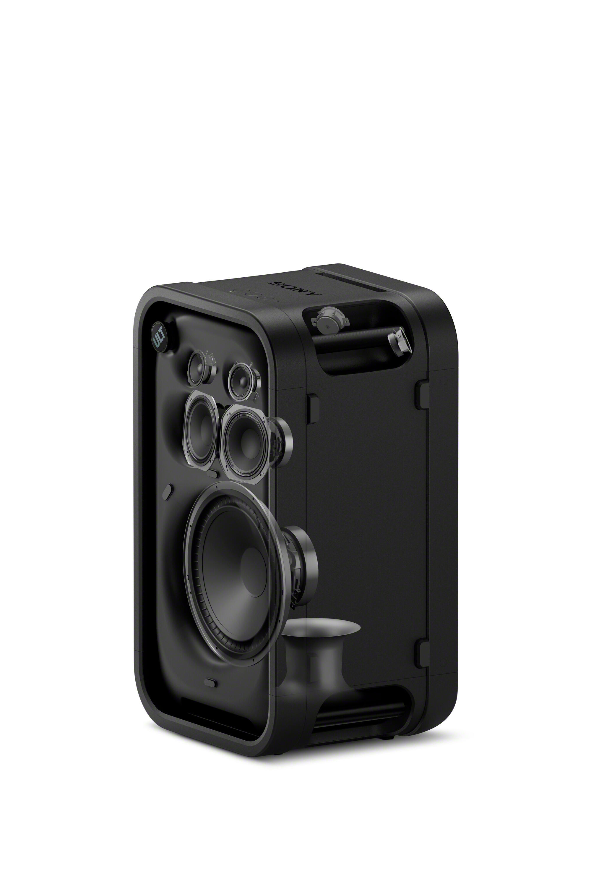 Sección transversal de un altavoz Sony negro con controladores internos visibles.