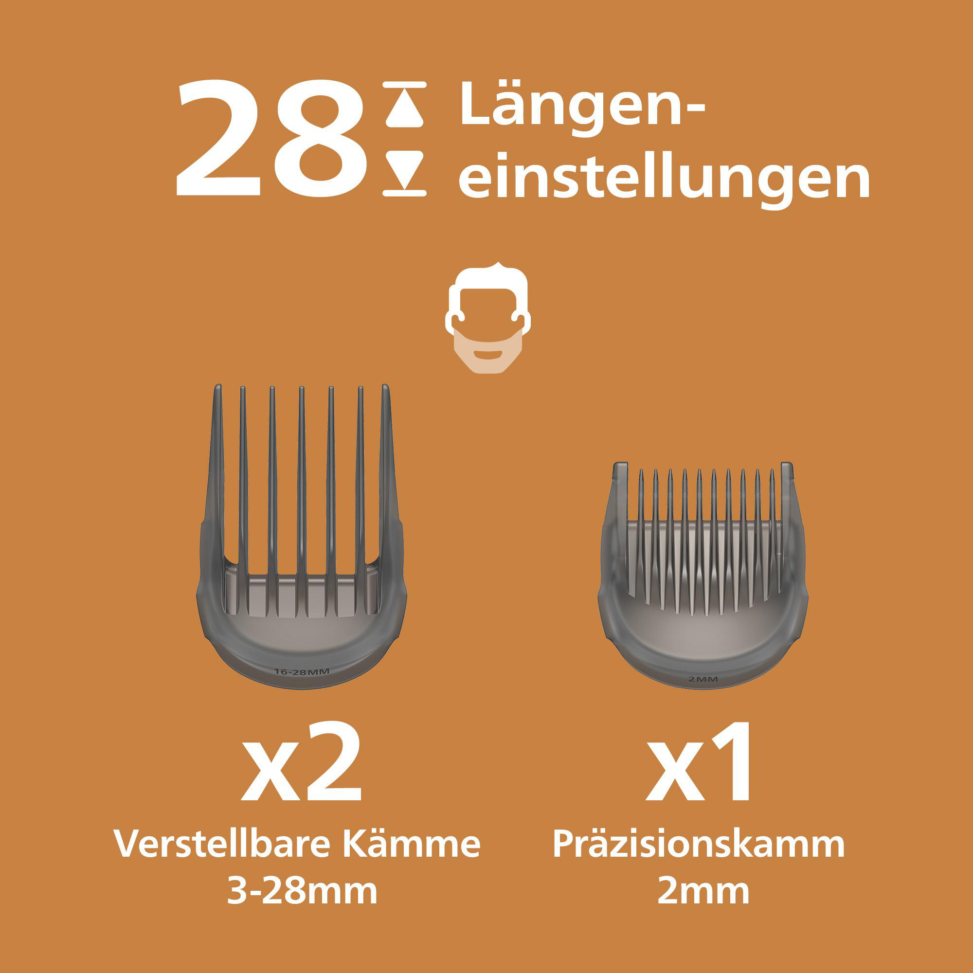 28 Längeneinstellungen mit zwei verstellbaren Kämmen (3-28 mm) und einem Präzisionskamm (2 mm) auf braunem Grund.