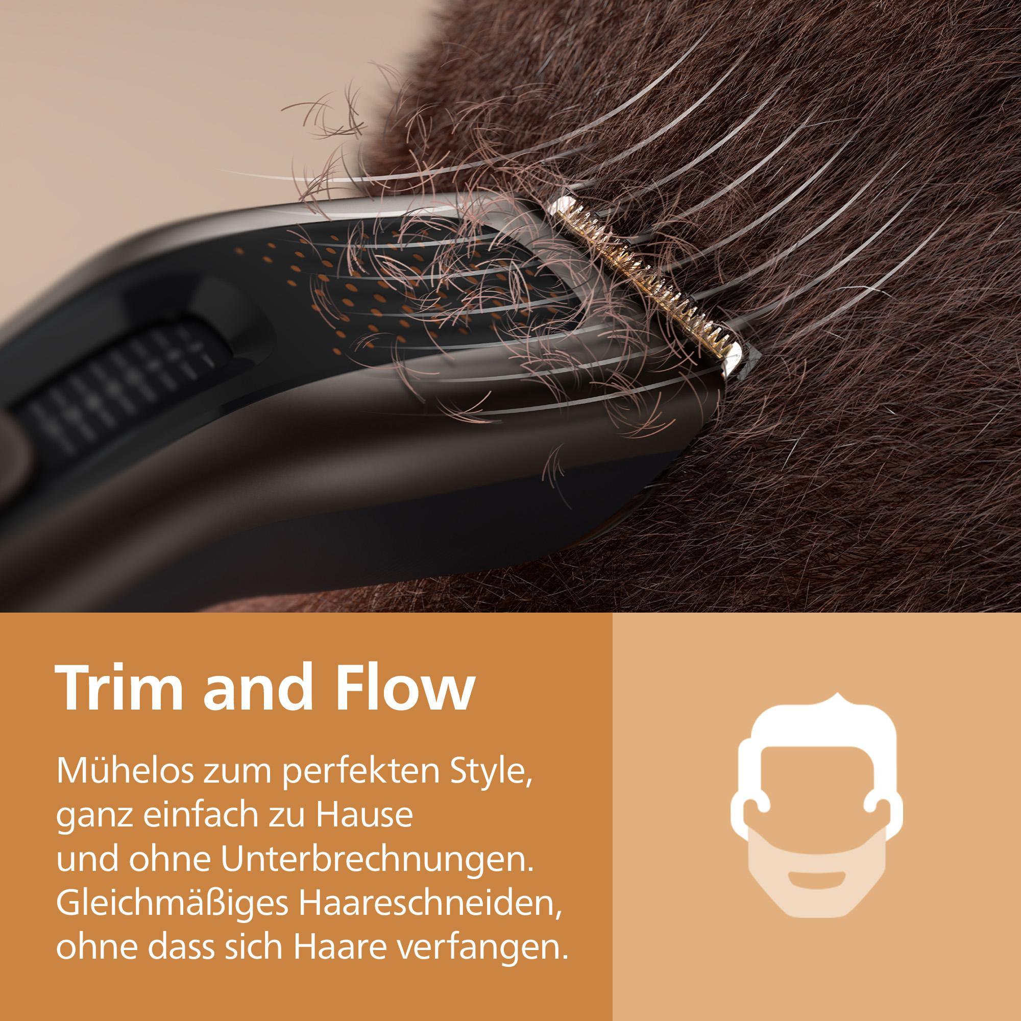 Haarschneider schneidet glatt durch dichtes braunes Haar, mit Text unten.