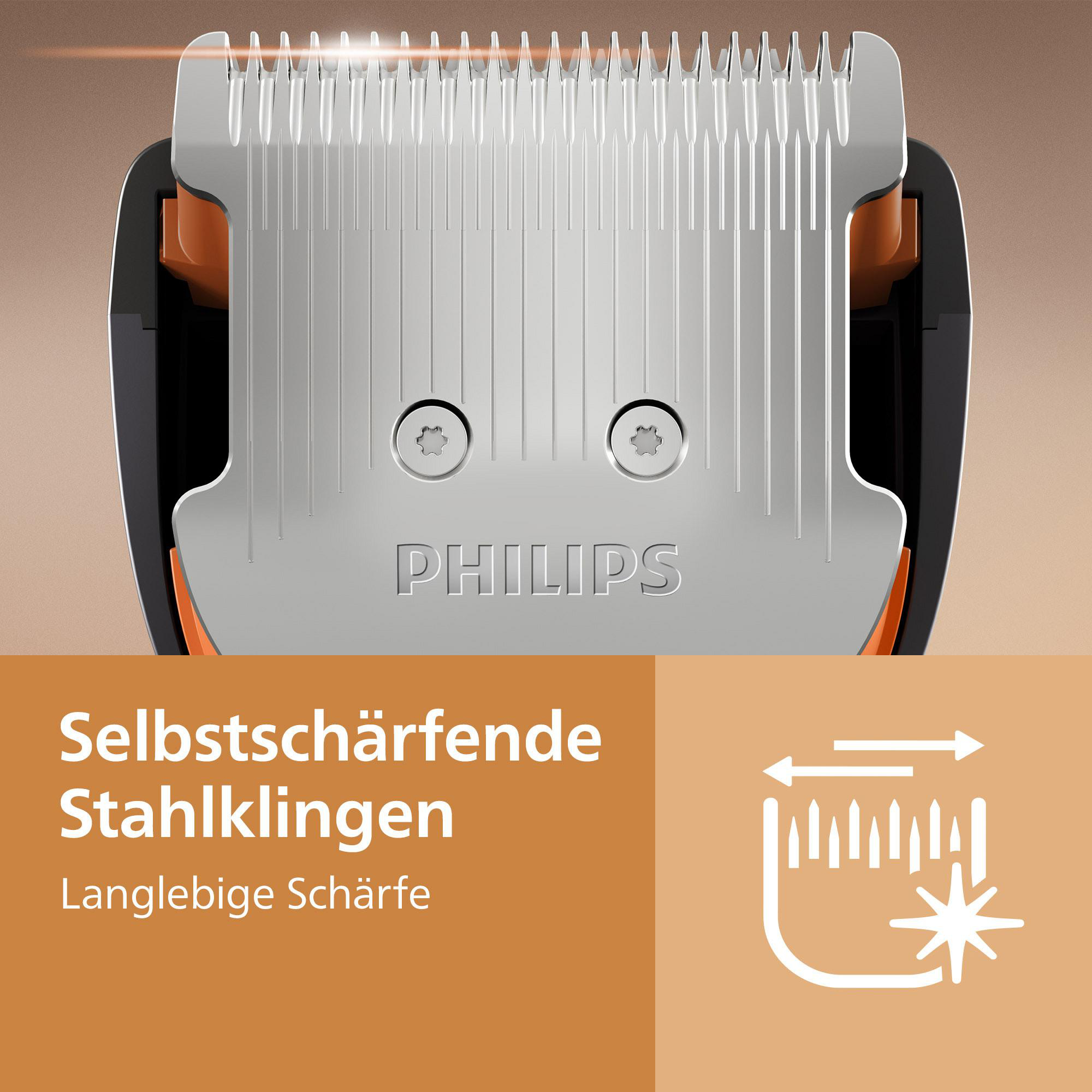 Nahaufnahme einer Philips Haarschneidemaschine mit selbstschärfenden Stahlklingen auf braunem Hintergrund.