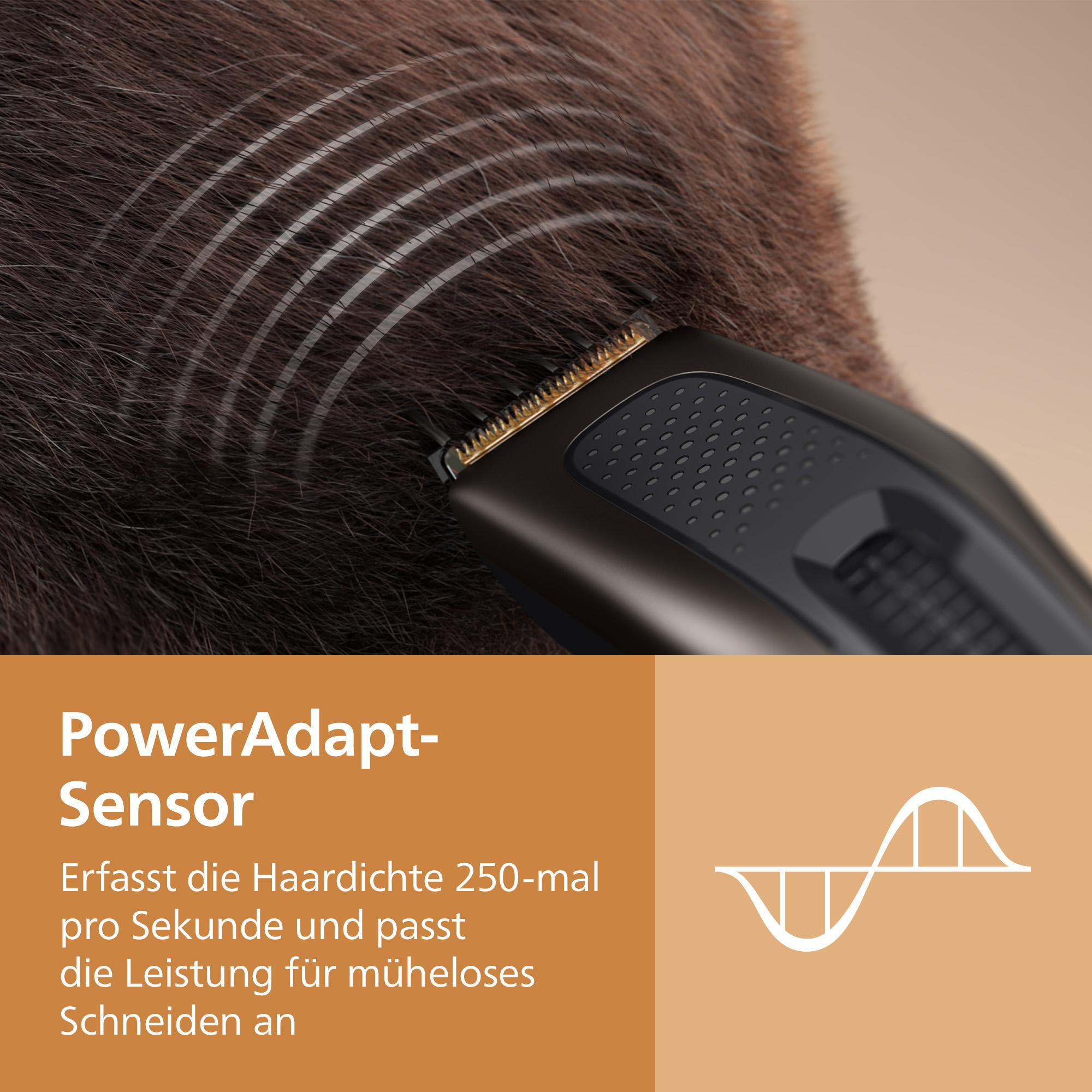 Haarschneider auf braunem Haar, mit PowerAdapt-Sensor-Text und Diagramm unten.