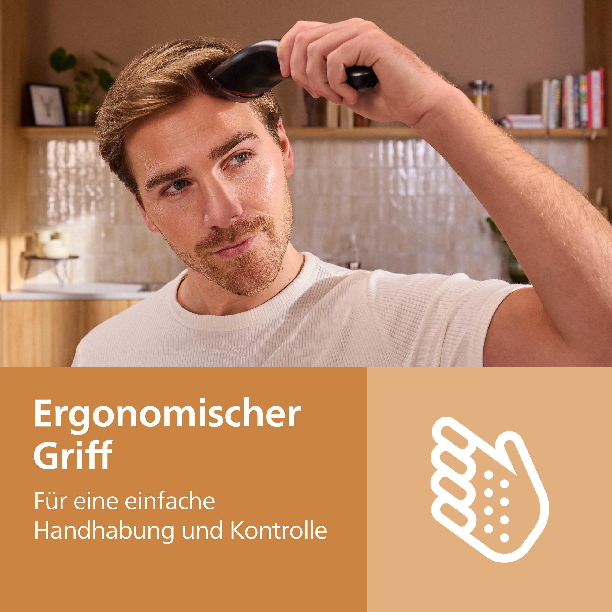 Ein Mann rasiert sich mit einem schwarzen Haarschneider, mit Text und einem Hand-Symbol im unteren Bereich.