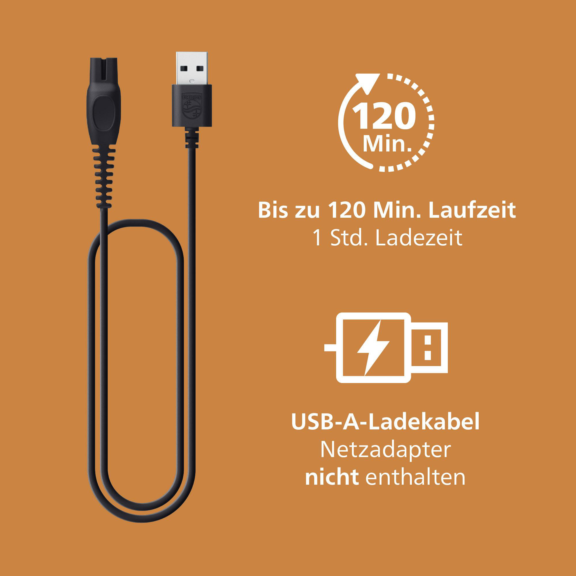 Schwarzes USB-A-Ladeanschlusskabel mit 120 Minuten Laufzeit auf braunem Hintergrund.