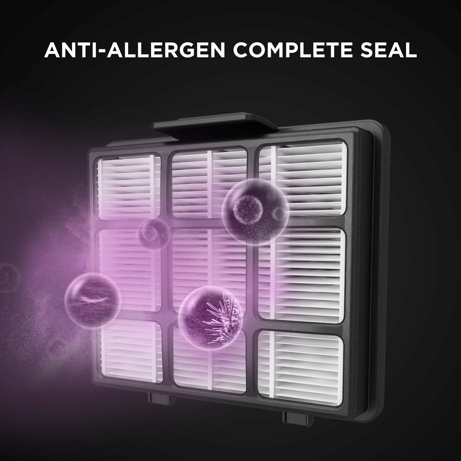Filtro per aspirapolvere anti-allergenico con particelle intrappolate in bolle viola.