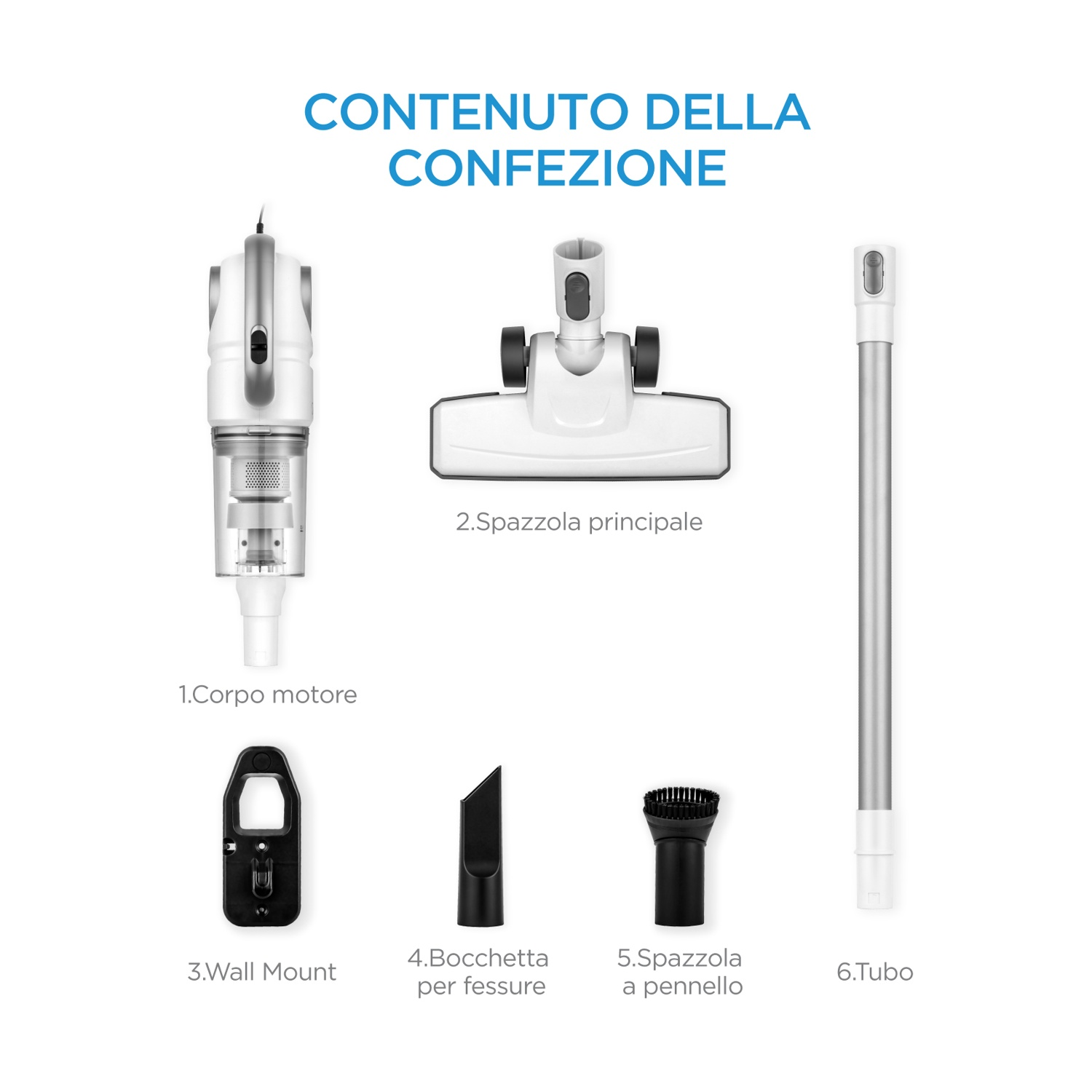 Contenuto della confezione dell'aspirapolvere con corpo motore, spazzola principale, supporto a muro, accessori e tubo.
