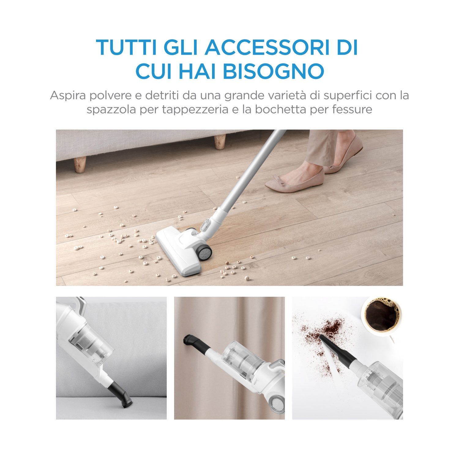Un aspirapolvere pulisce pavimenti, divani e tende, mostrando accessori per varie superfici.