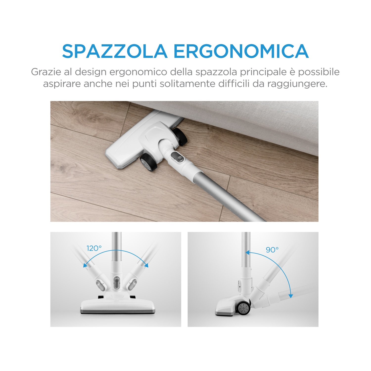 Spazzola ergonomica per aspirapolvere con snodo a 120 e 90 gradi per punti difficili da raggiungere.