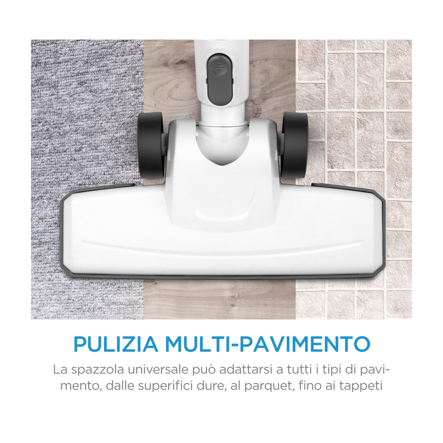 Spazzola per aspirapolvere su diversi tipi di pavimenti come tappeto, legno e piastrelle.