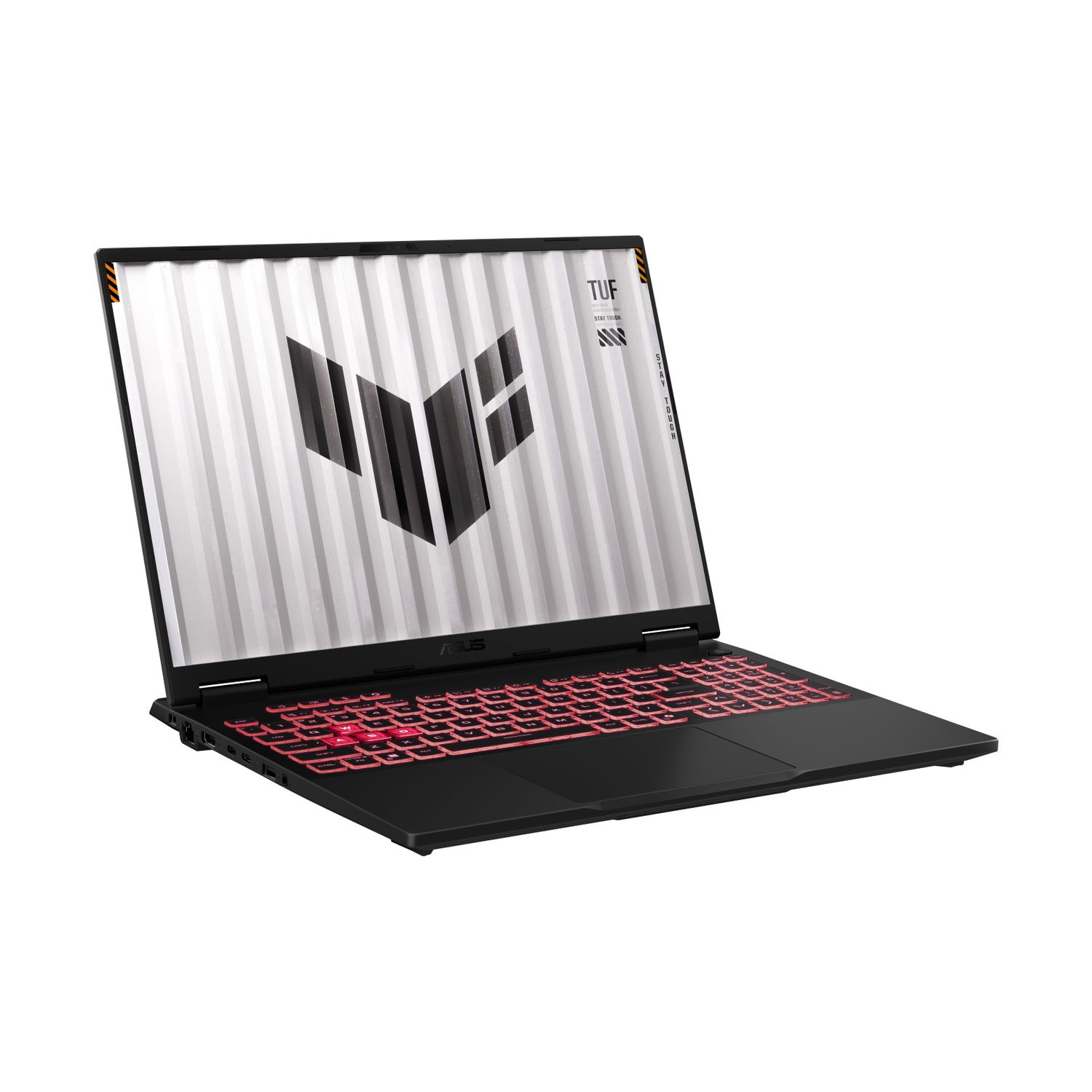 Un laptop da gioco ASUS TUF nero aperto con tastiera rossa illuminata e sfondo con logo TUF.