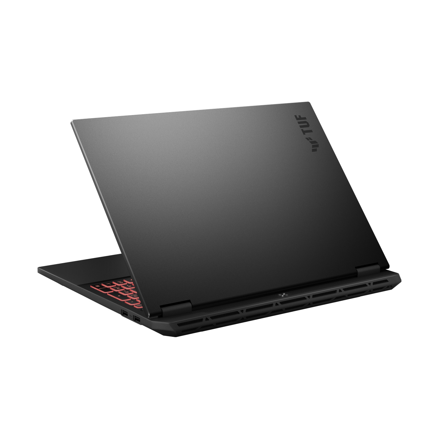 Laptop da gioco nero Asus TUF visto da dietro, con tastiera retroilluminata rossa.