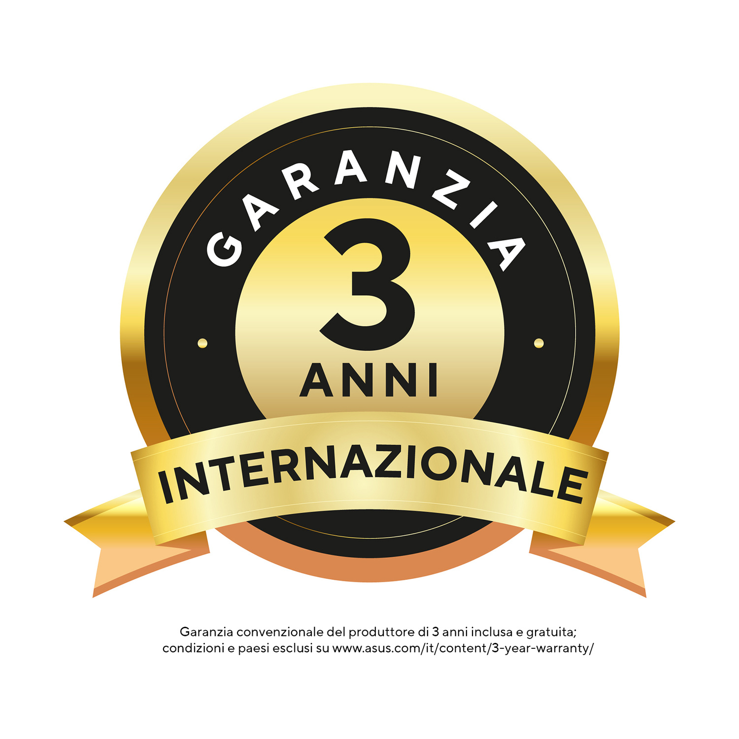 Stemma di garanzia oro e nero con la scritta 3 anni di garanzia internazionale.