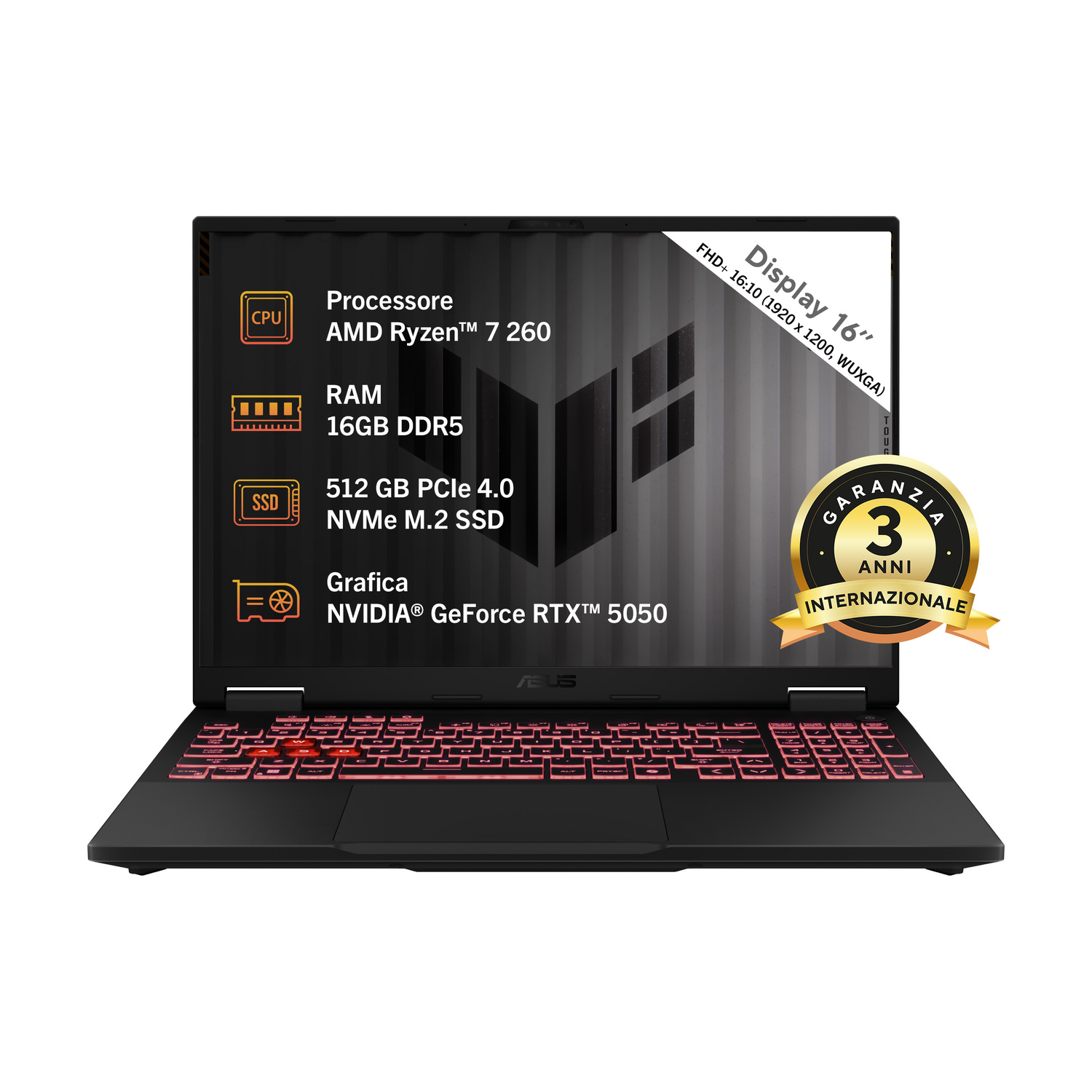 Laptop da gioco Asus nero con tastiera retroilluminata rossa e specifiche tecniche sullo schermo.