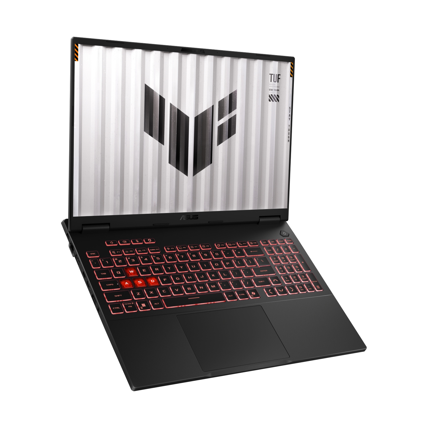 Un notebook da gioco Asus TUF nero con retroilluminazione della tastiera rossa e logo TUF sullo schermo.