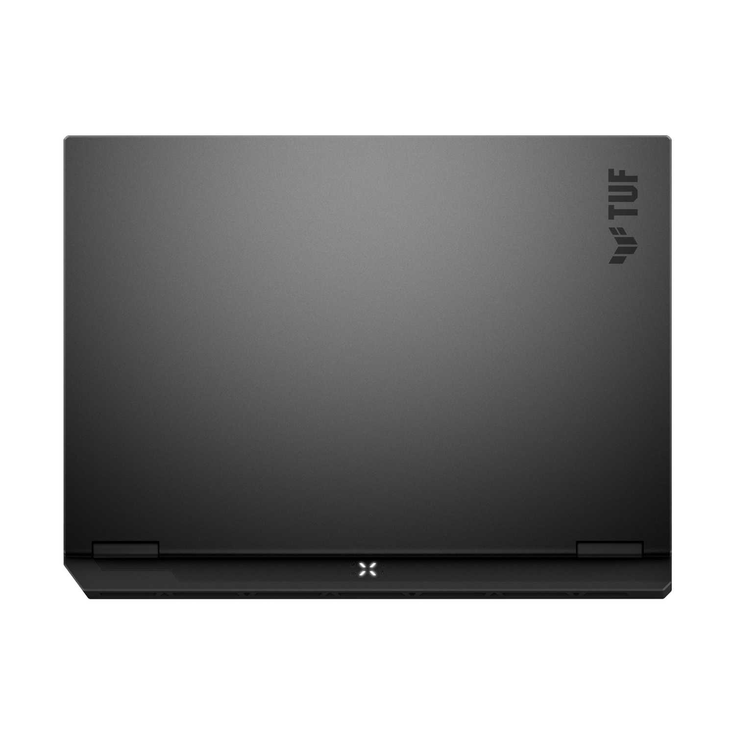 Coperchio del laptop chiuso nero con logo TUF e spie luminose accese in basso.