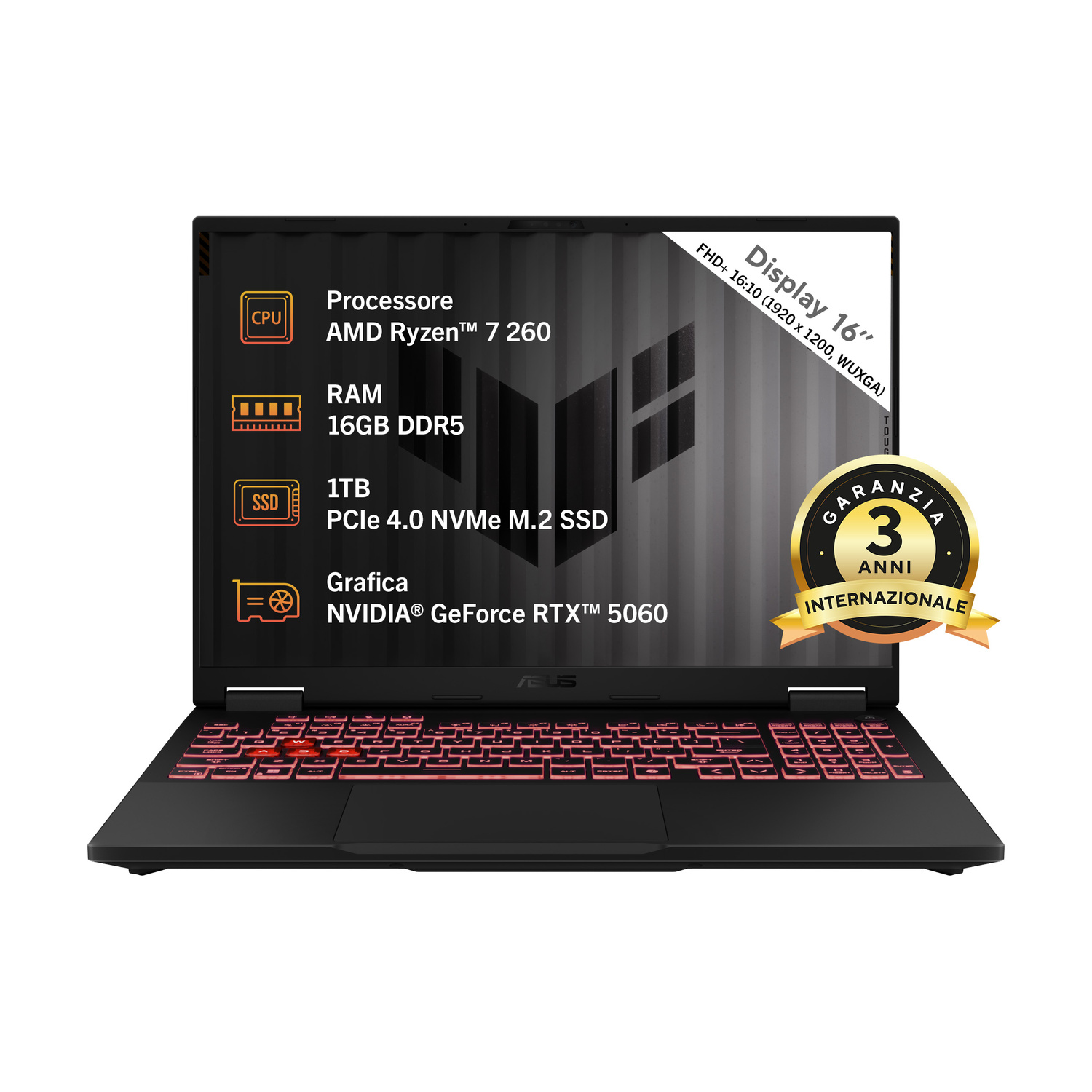 Laptop da gioco Asus con specifiche sullo schermo e un badge di garanzia dorato.