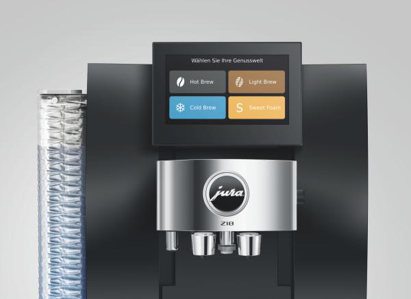 Moderne schwarze Jura Z10 Kaffeemaschine mit digitalem Touchscreen-Display und Chrom-Auslauf.