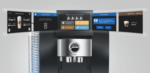 Jura-Kaffeemaschine mit digitalem Touchscreen und schwebenden Menüfenstern.