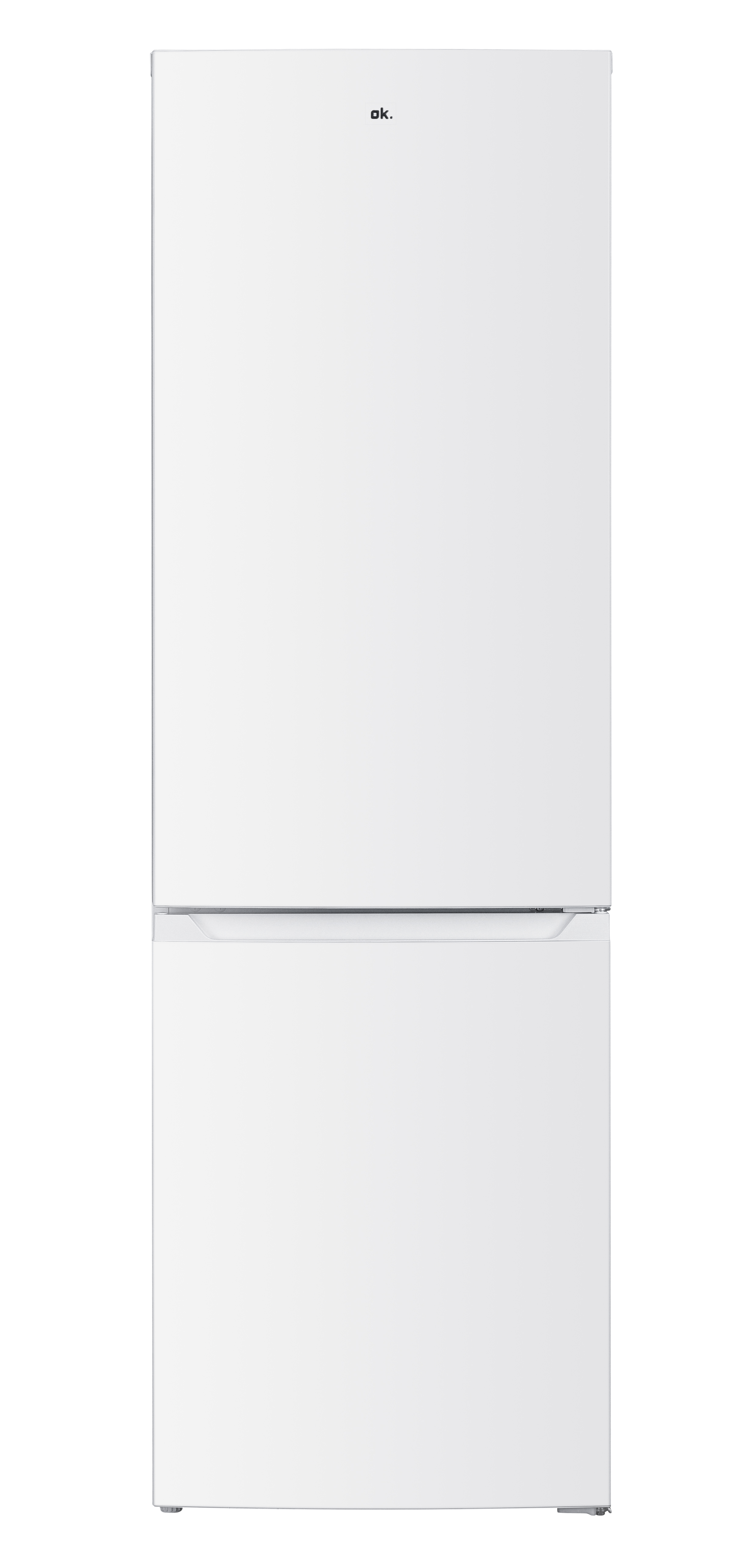 Eine hohe, weiße Kühl-Gefrier-Kombination mit minimalistischem Design und Markenlogo auf der oberen Tür.