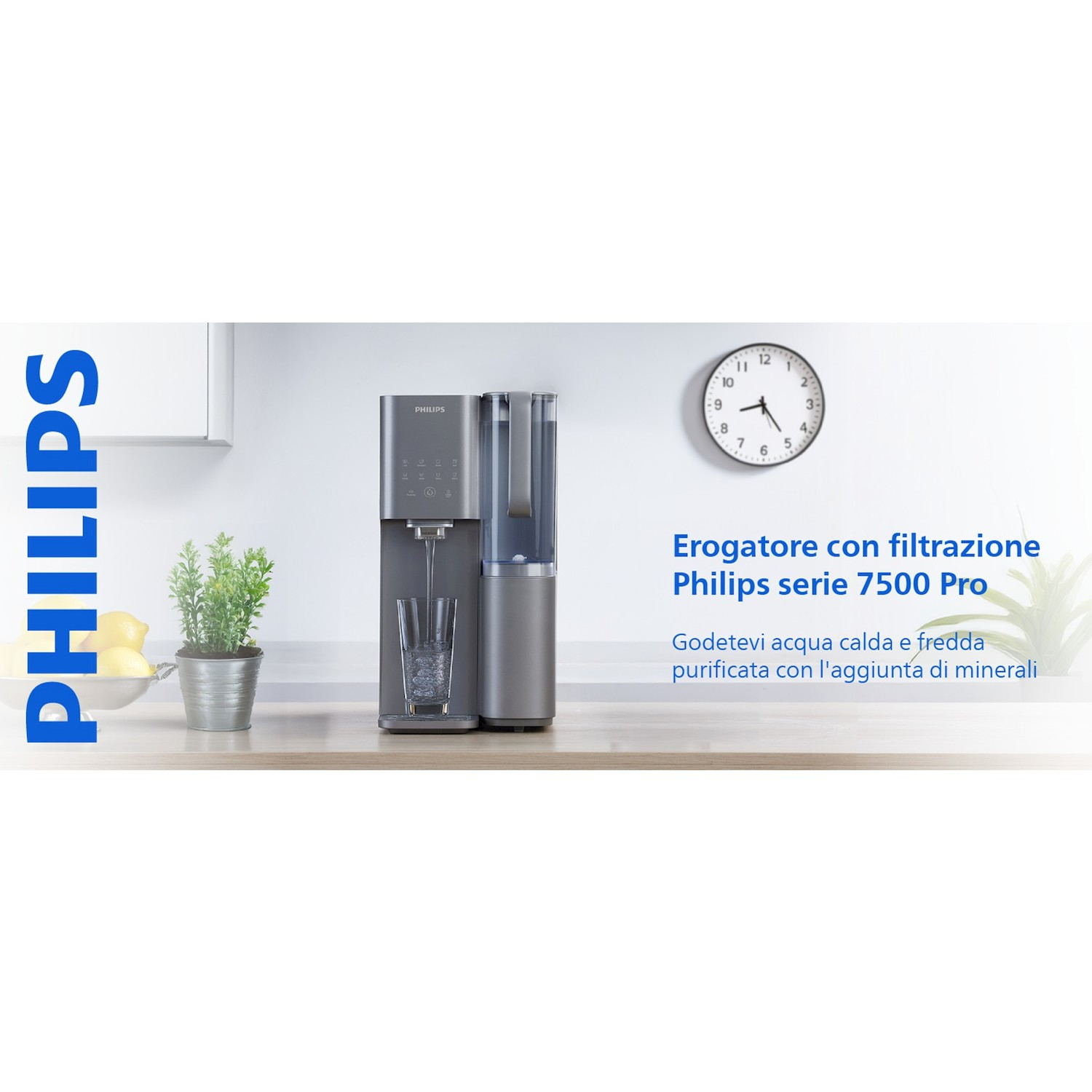 Erogatore d'acqua grigio Philips 7500 Pro su un bancone della cucina che riempie un bicchiere.