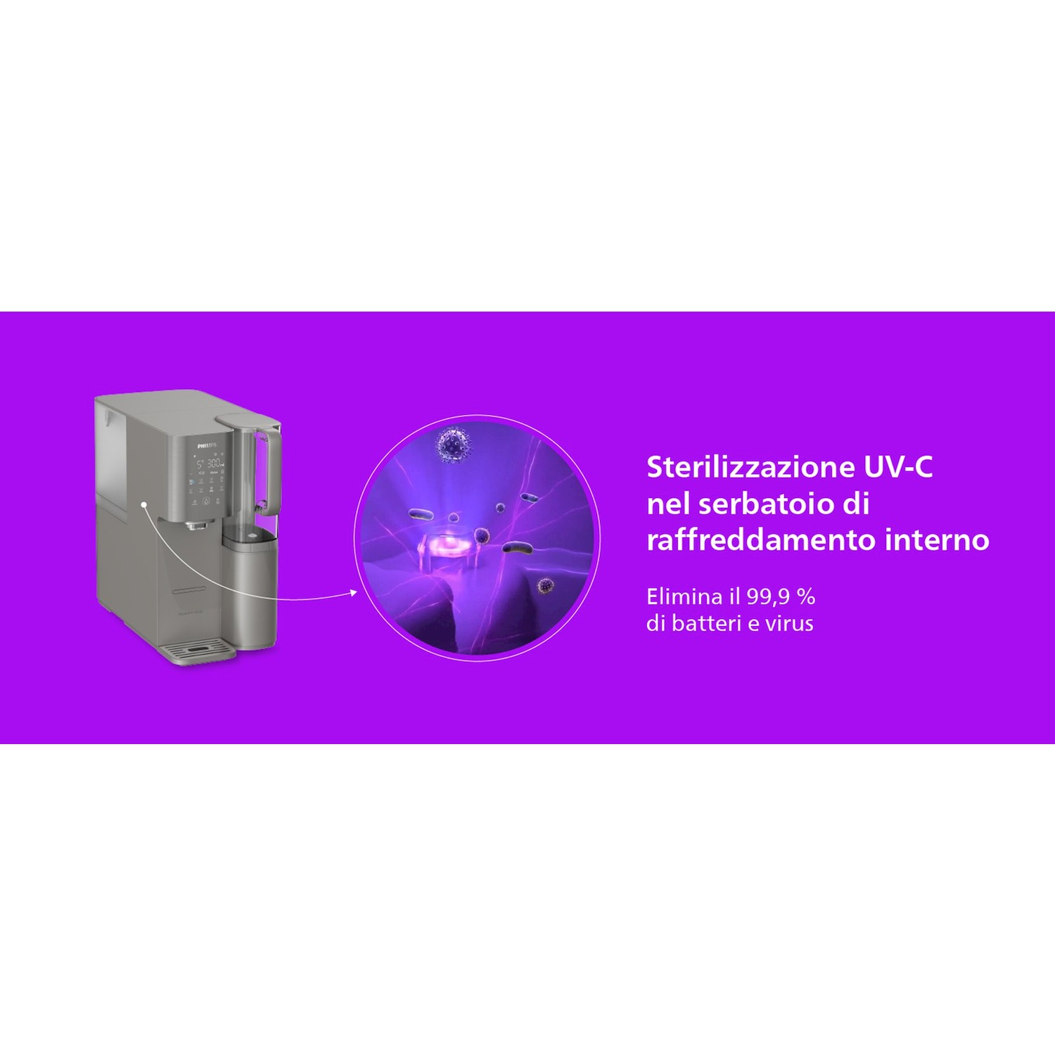 Distributore d'acqua grigio con sterilizzazione UV-C su sfondo viola.