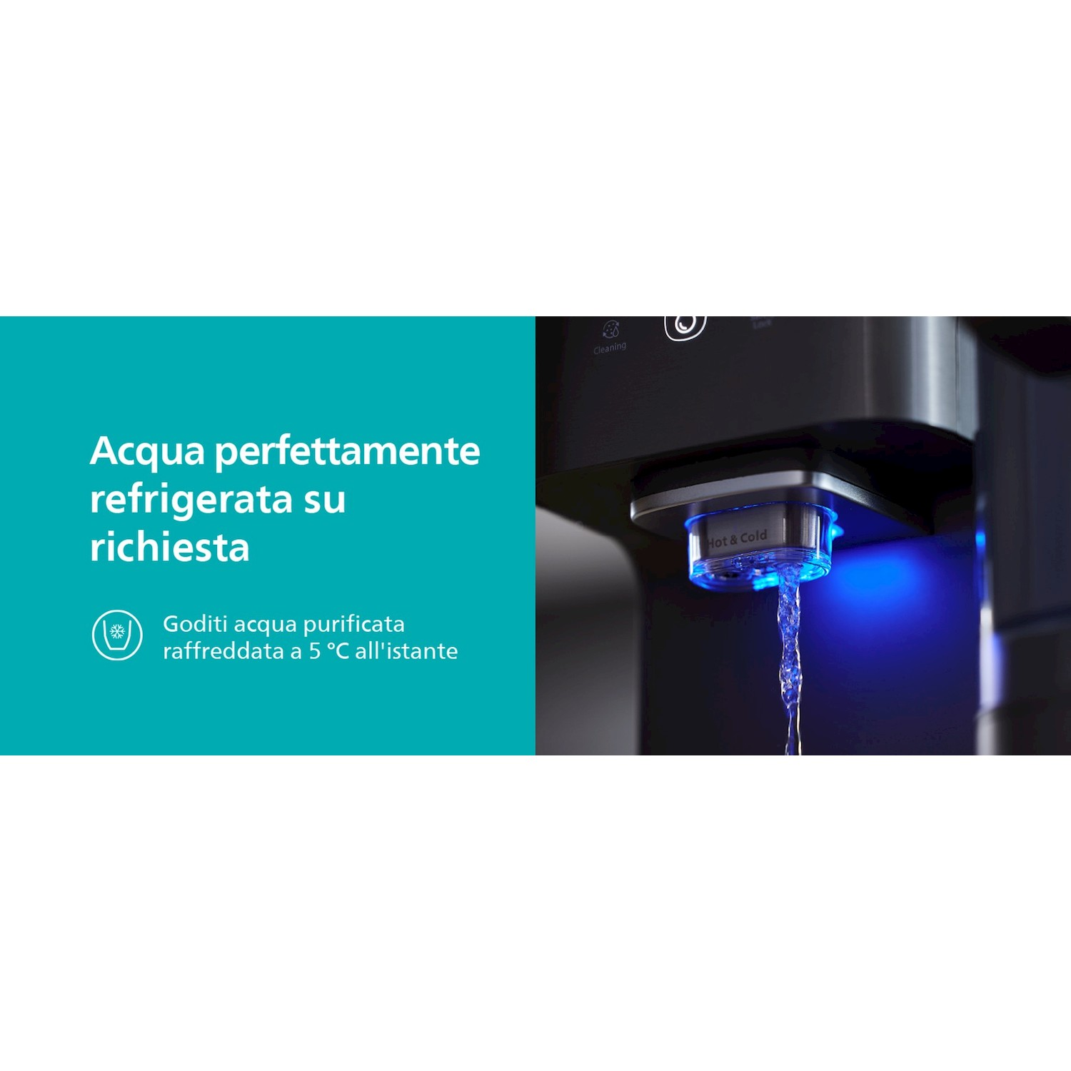 Erogatore d'acqua versa acqua fredda, con testo a sinistra.