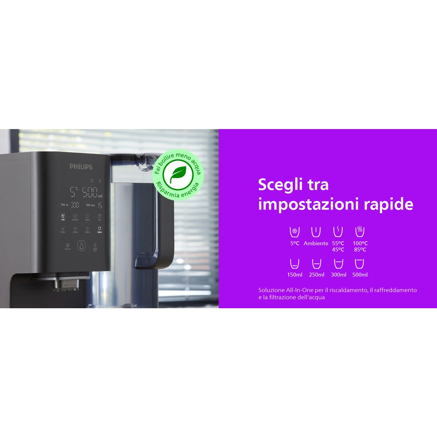 Un erogatore d'acqua Philips accanto a un pannello viola con impostazioni rapide di temperatura.