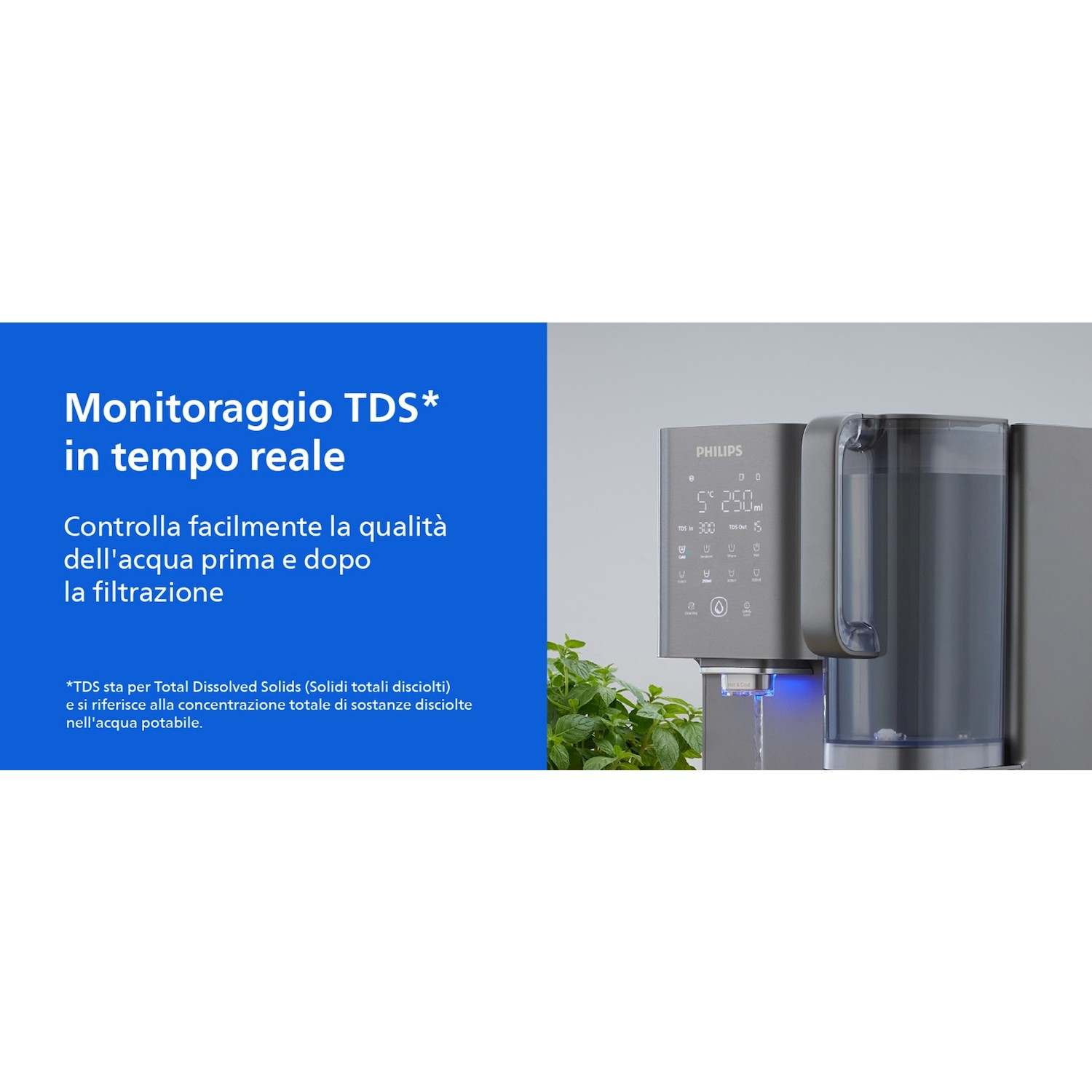 Dispensatore d'acqua grigio Philips con display digitale e erogatore illuminato di blu, accanto a testo promozionale.