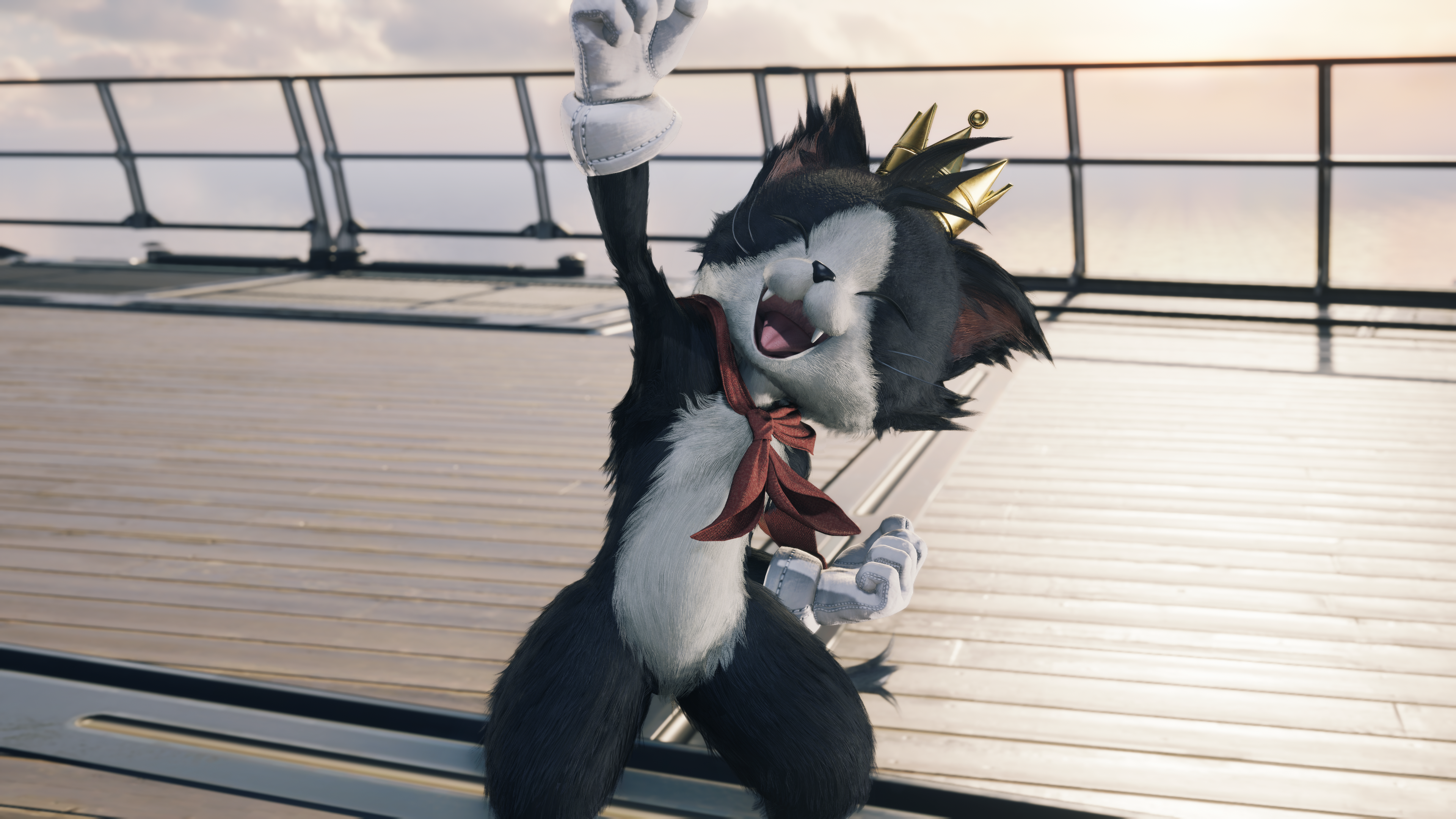 Un personaje felino en blanco y negro con corona y bufanda roja celebra alegremente en la cubierta de un barco.