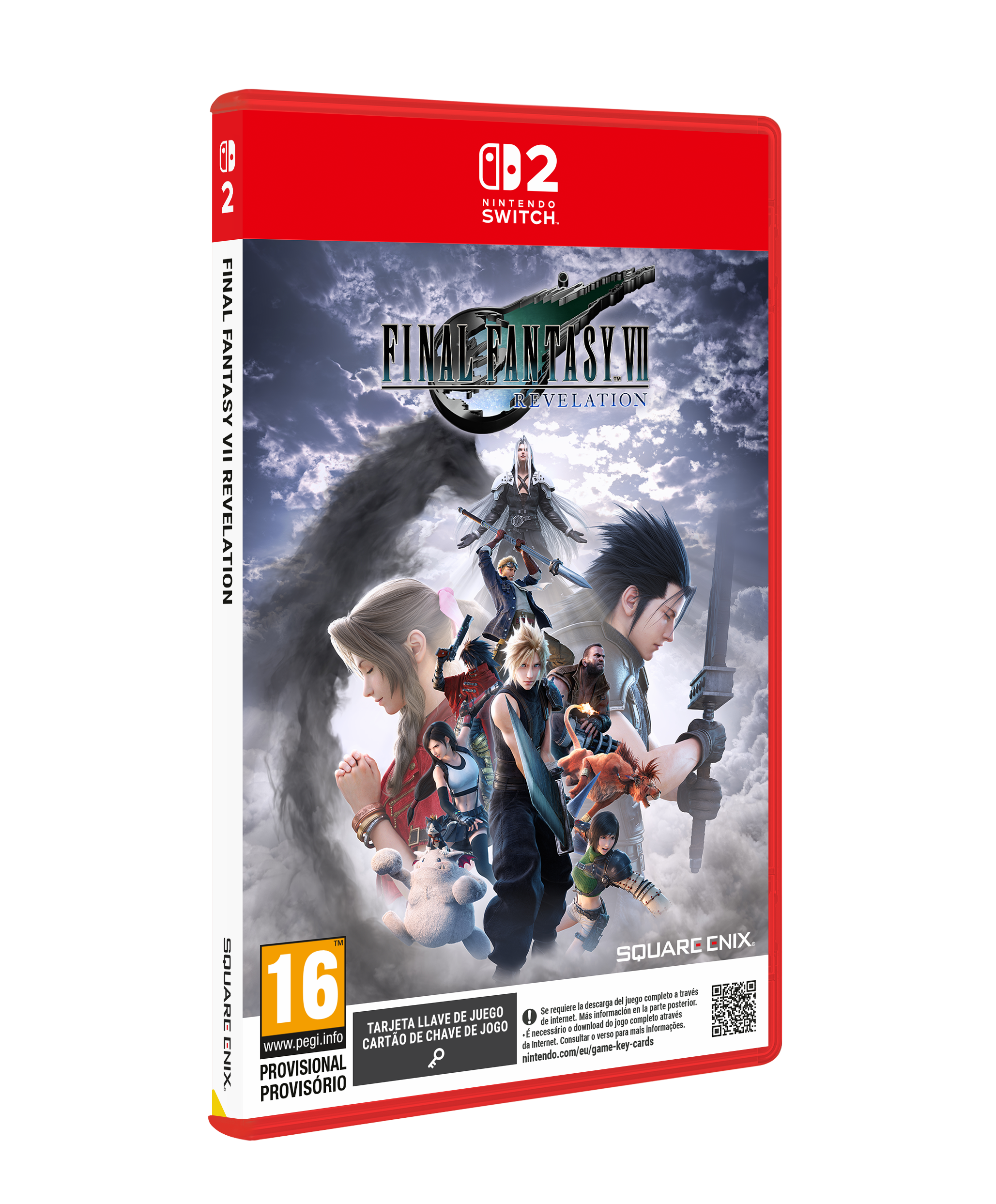 Carátula de Final Fantasy VII Revelation para Nintendo Switch 2 con personajes sobre un cielo nublado.